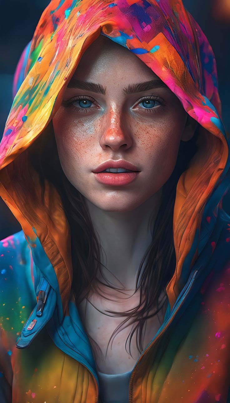 736x1288 free wallpaper 4k girl, beautiful, face, blue eyes, hood, bright, colorful, ai, art