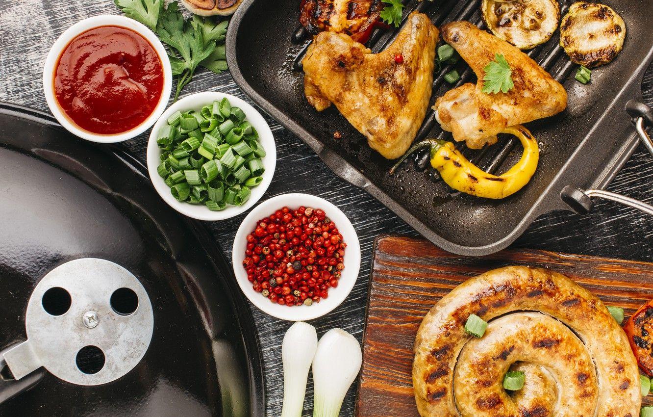 1332x850 Wallpaper greens, wings, bow, pepper, sauce, parsley, sausage