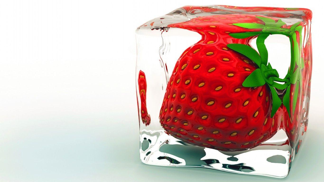 1366x768 Download 1366x768 Strawberry, Ice Cube, Fruit Wallpaper