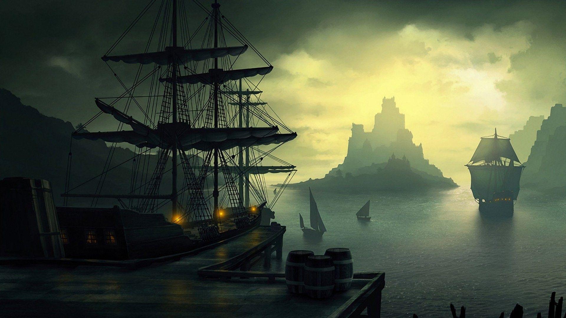1920x1080 #island, #old ship, #Sun, #ship, #clouds, #sailing