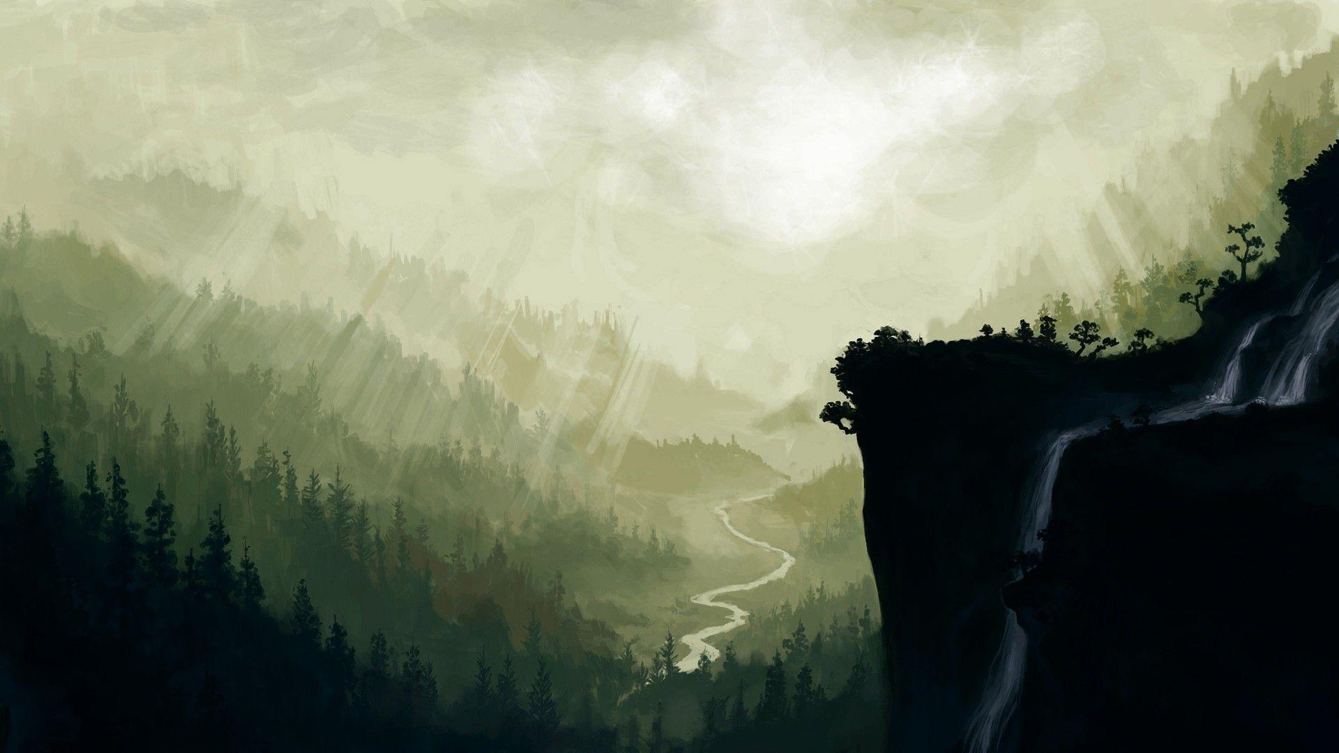 1920x1080 #Asia, #landscape, #waterfall, #mountains, #artwork