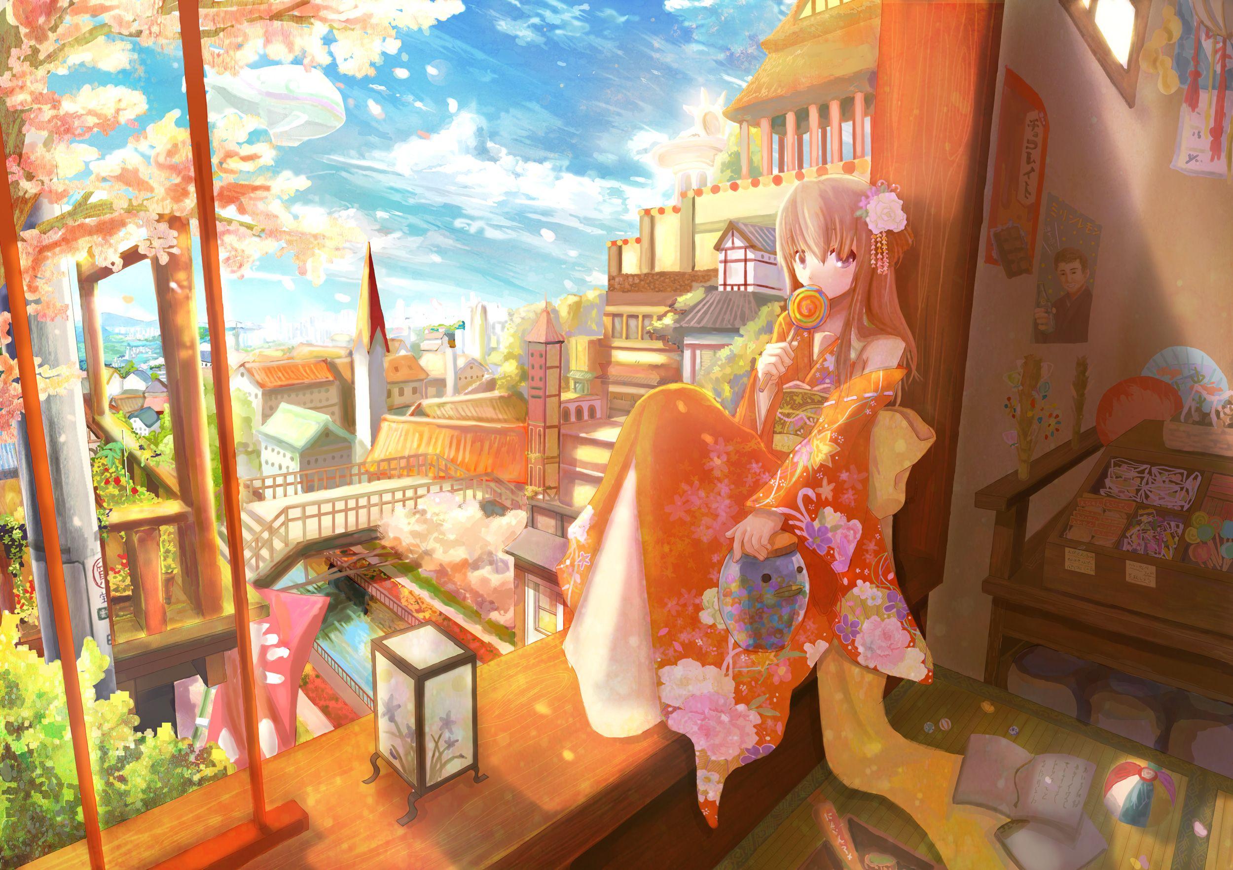 2500x1765 cherry blossoms, room, scenic, Kariya Kyou, Japanese clothes, anime