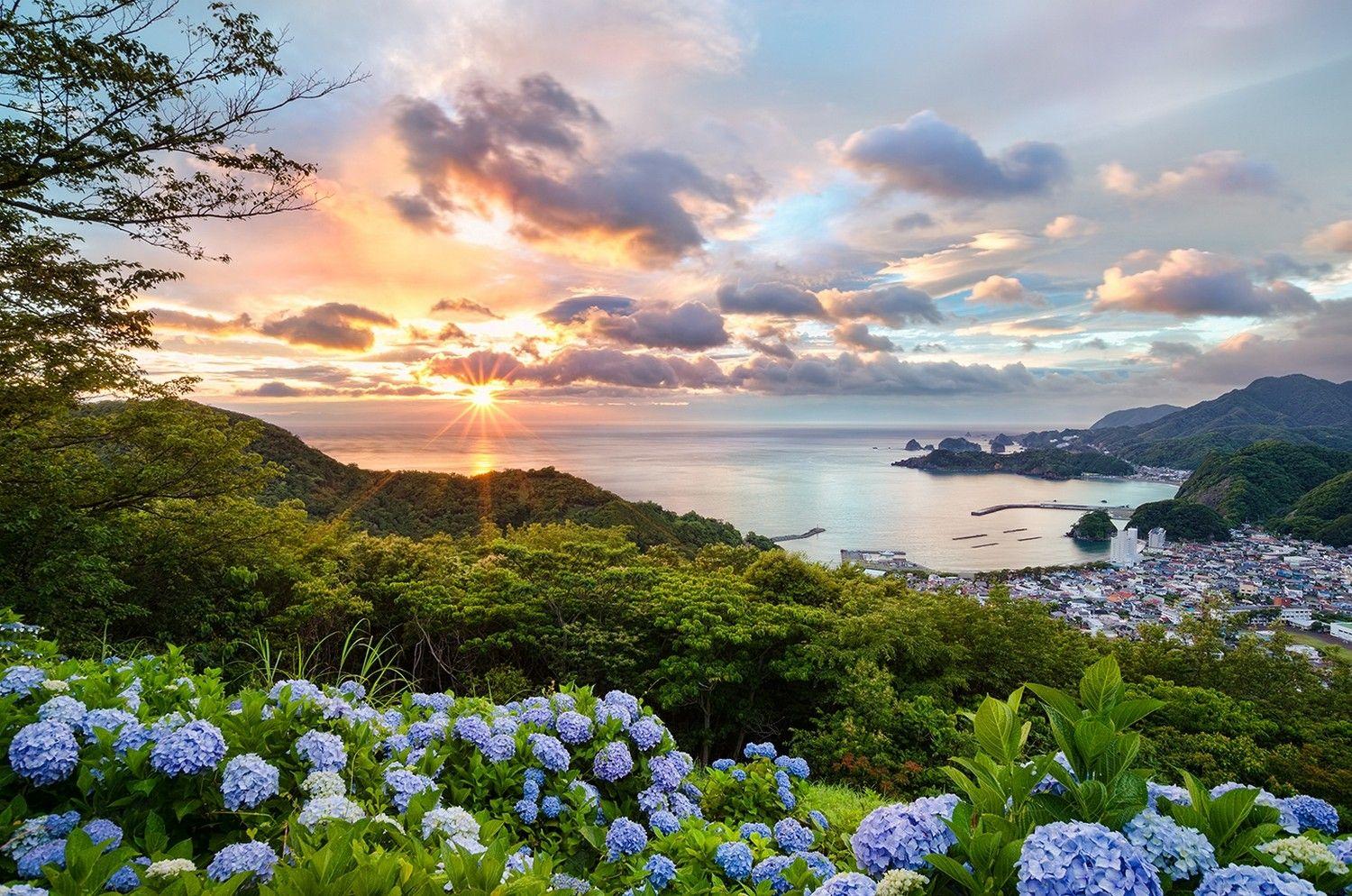 1500x994 #sunset, #blue, #sea, #bay, #hills, #cityscape, #green