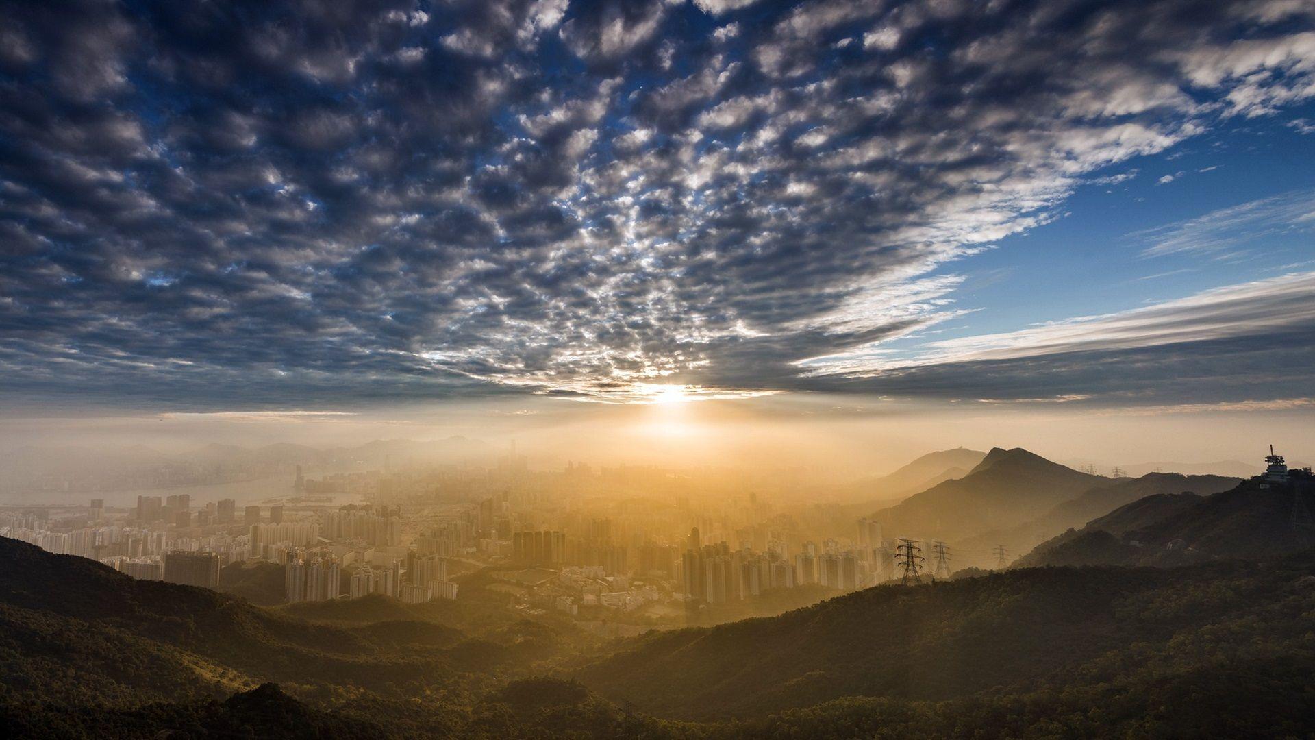 1920x1080 Wallpaper Kowloon Peak, Hong Kong, city morning, clouds, sunrise