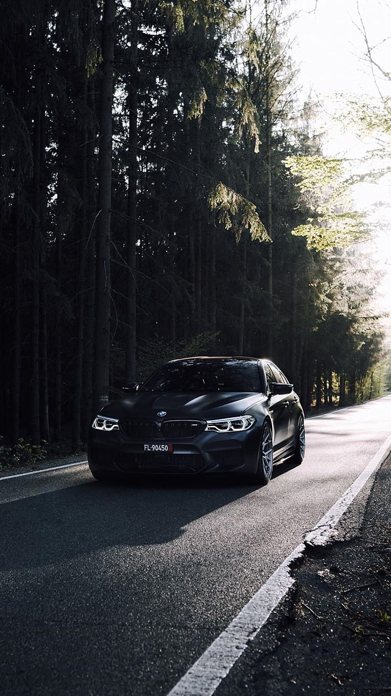 800x1424 BMW M black, bmw, car, f m power, m road, sedan, trees, vehicle, HD phone wallpaper