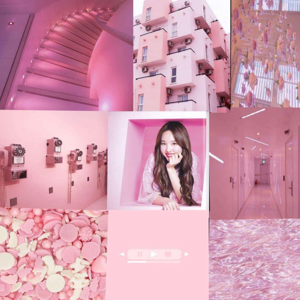 1274x1274 Download Aesthetic Pink Collage With Macaroon And Korean Girl Wallpaper