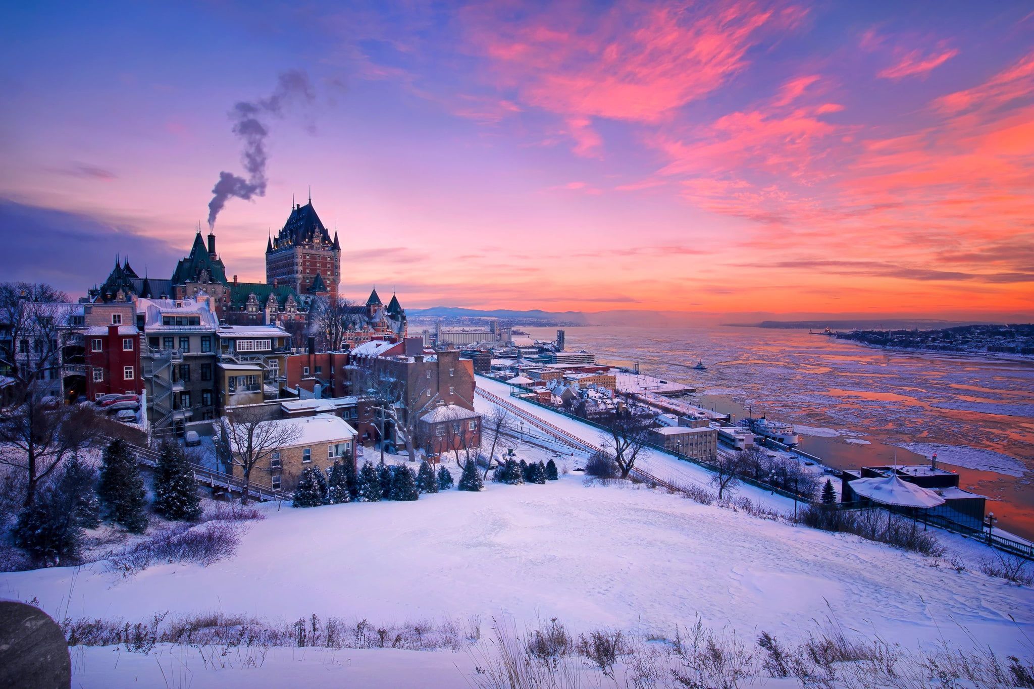 2048x1365 sunset, home, Quebec City, snow, Canada, building, 1080P, river, winter, Saint Lawrence River, Quebec, QC, The St. Lawrence River HD Wallpaper