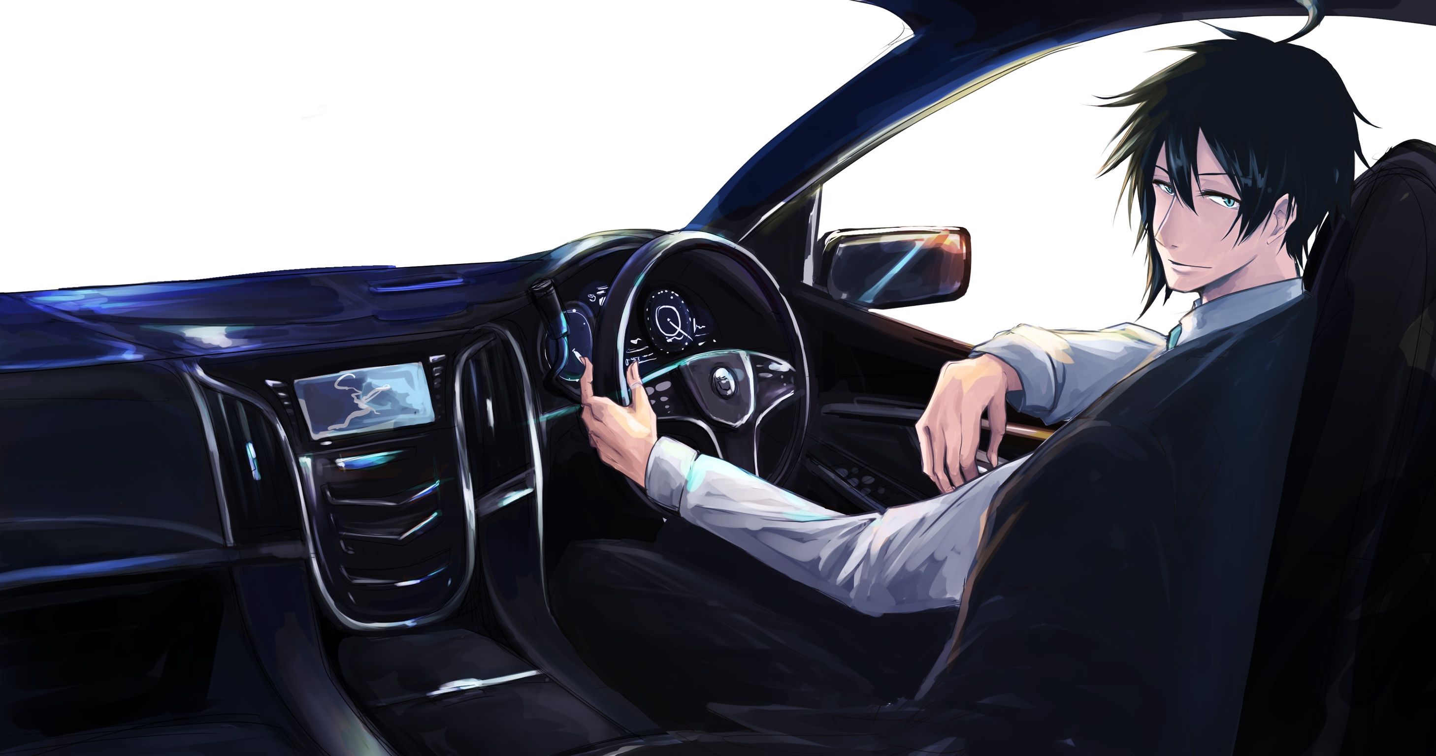 2916x1536 HD Anime Boy in the Driver's Seat: Sleek and Stylish Wallpaper
