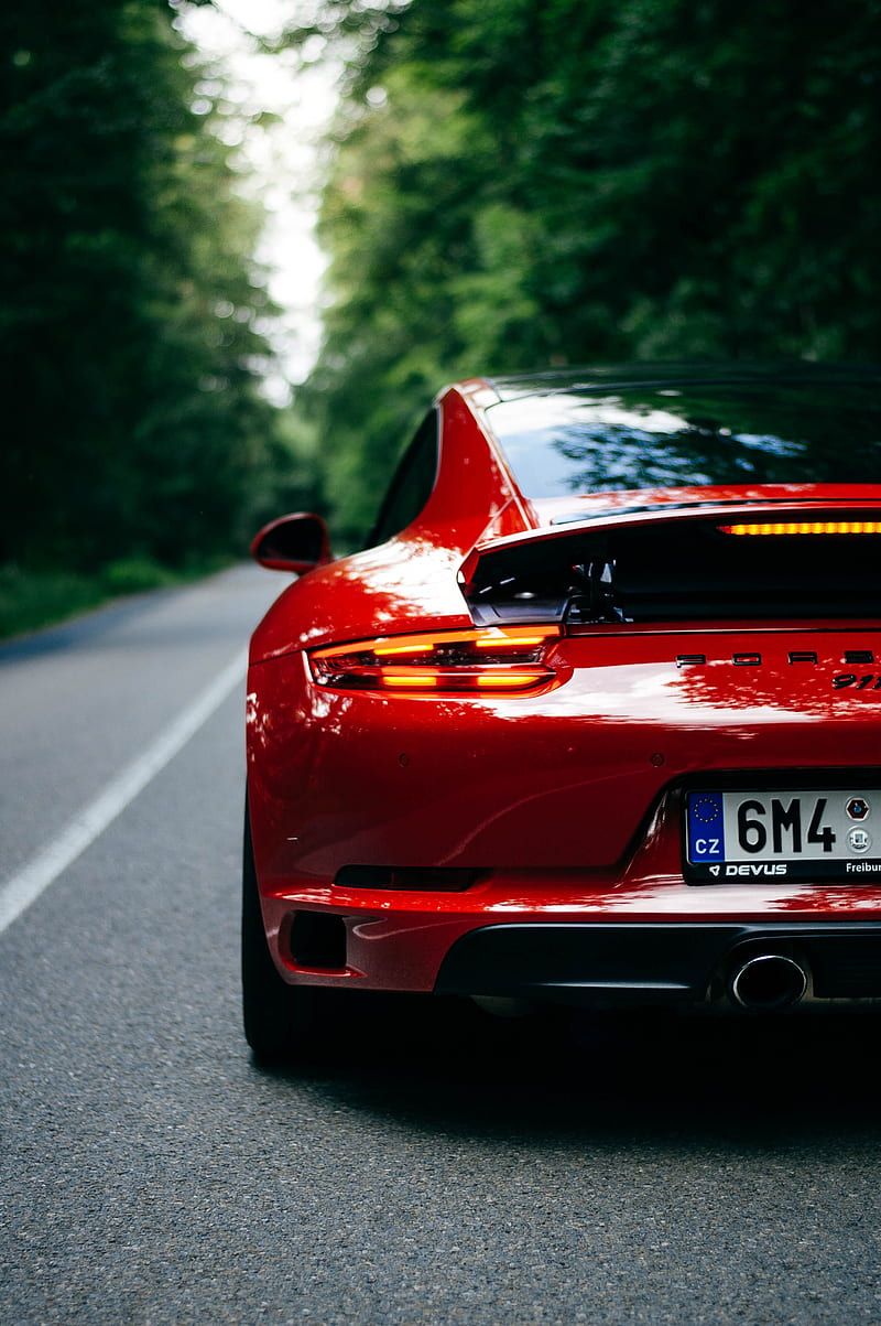 800x1203 Porsche porsche, car, sportscar, red, rear view, road, HD phone wallpaper