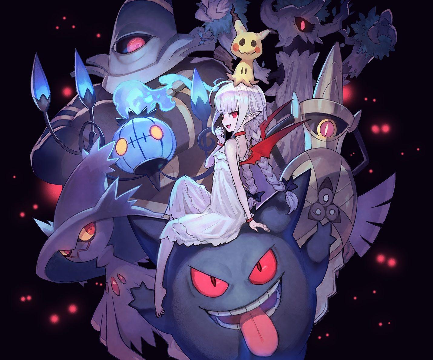 1430x1190 aegislash barefoot black braids chandelure choker cropped crossover demon dress dusknoir fang flat chest gengar lack loli long hair makaino ririmu mimikyu mismagius nijisanji pointed ears pokemon red eyes summer dress trevenant