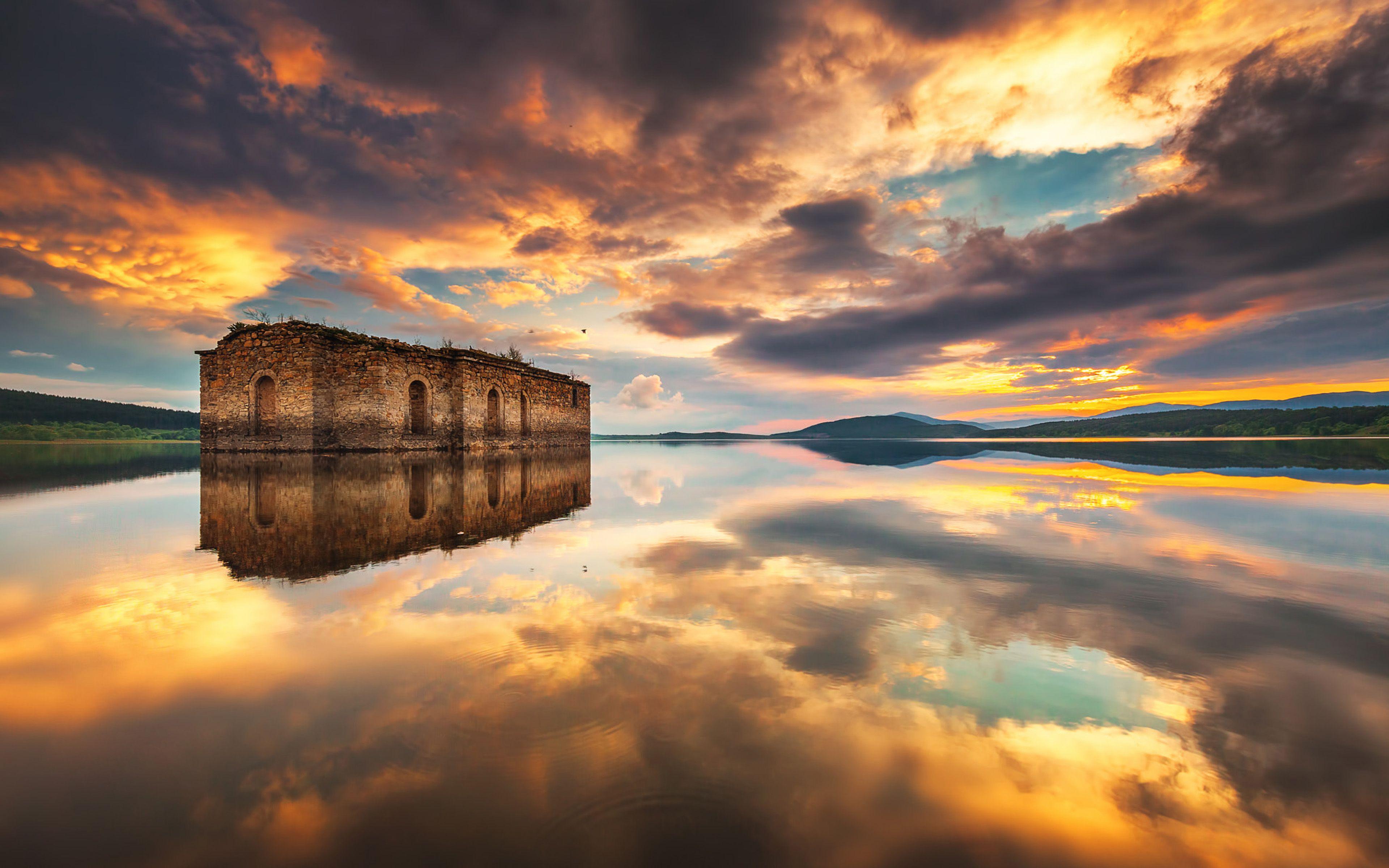 3840x2400 Dam Jebrechevo In Bulgaria Sunset Sky Red Clouds Abandoned Church