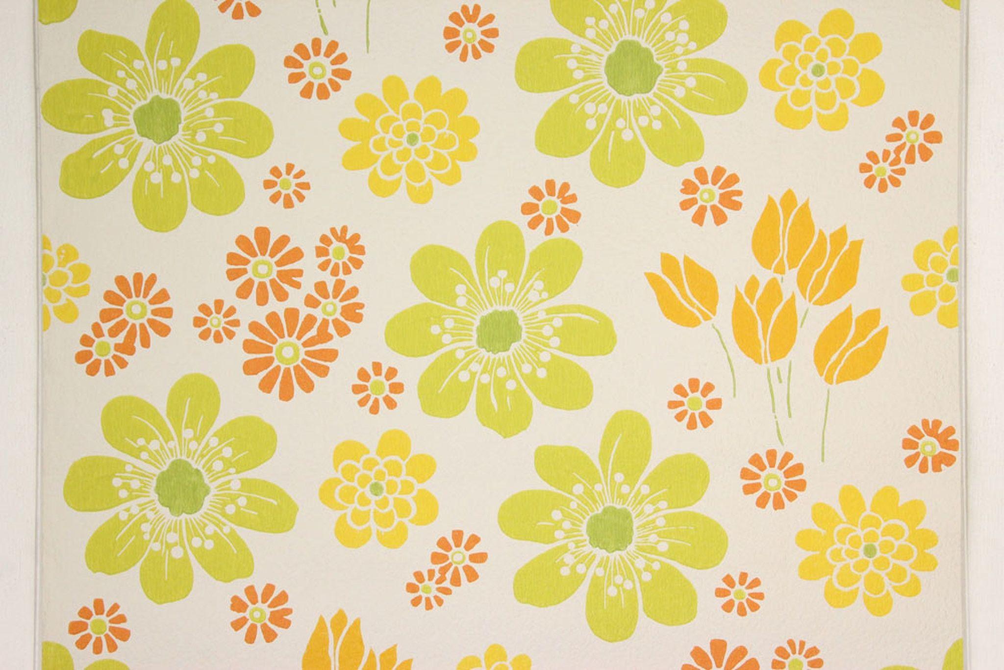 2048x1366 1960s Vintage Wallpaper Retro Green Orange Yellow Flowers Green
