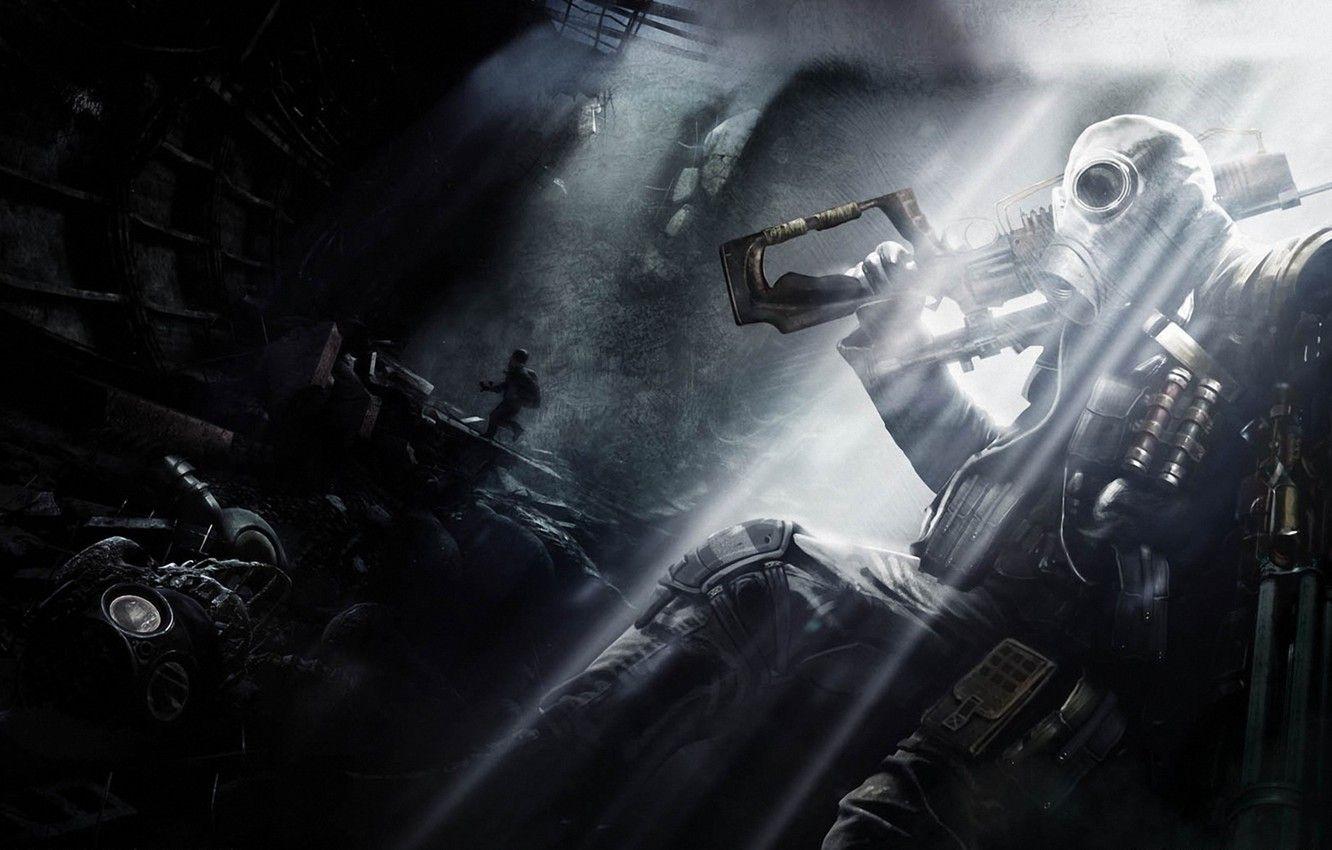 1332x850 Wallpaper light, weapons, people, gas mask, subway, Metro: Last