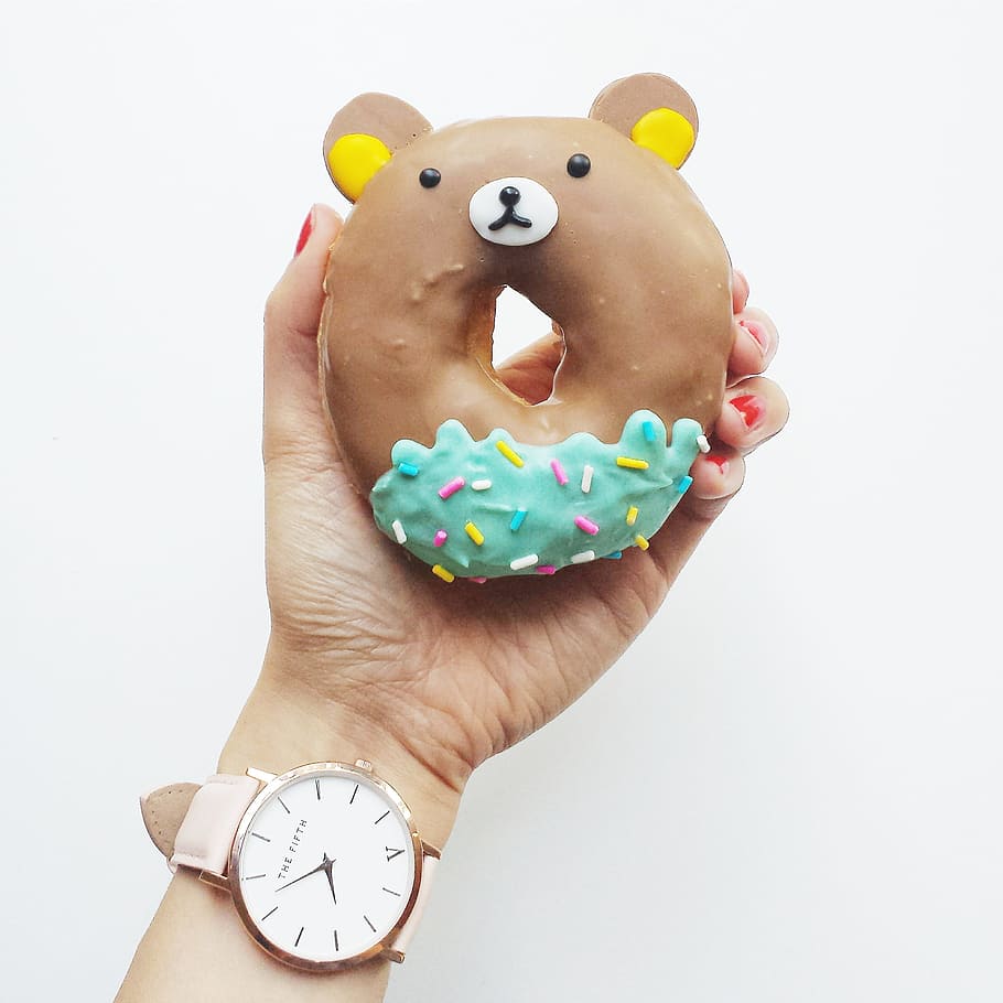 910x910 HD wallpaper: person holding rilakkuma doughnut, brown bear, donut, cute, kid