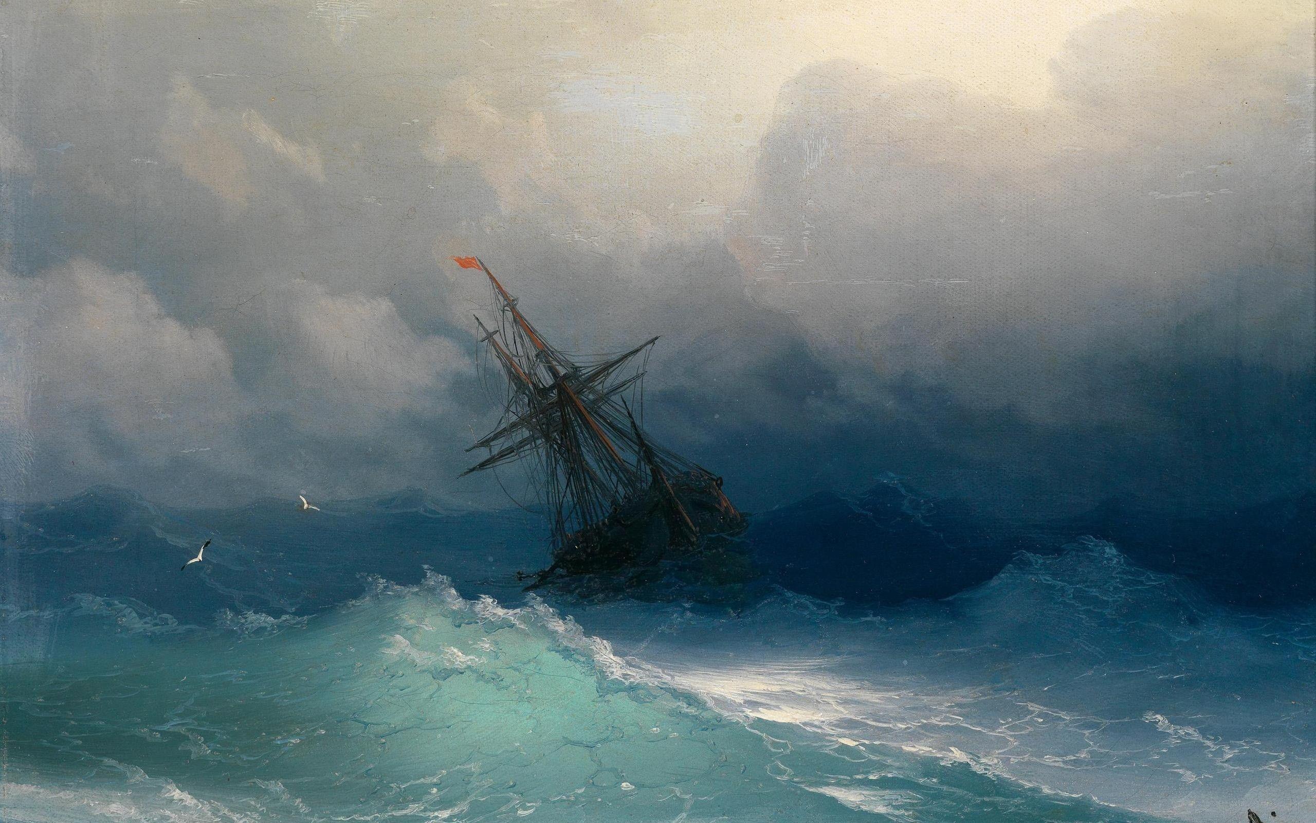 2560x1600 ship, classic art, Ivan Aivazovsky, painting, sea, waves