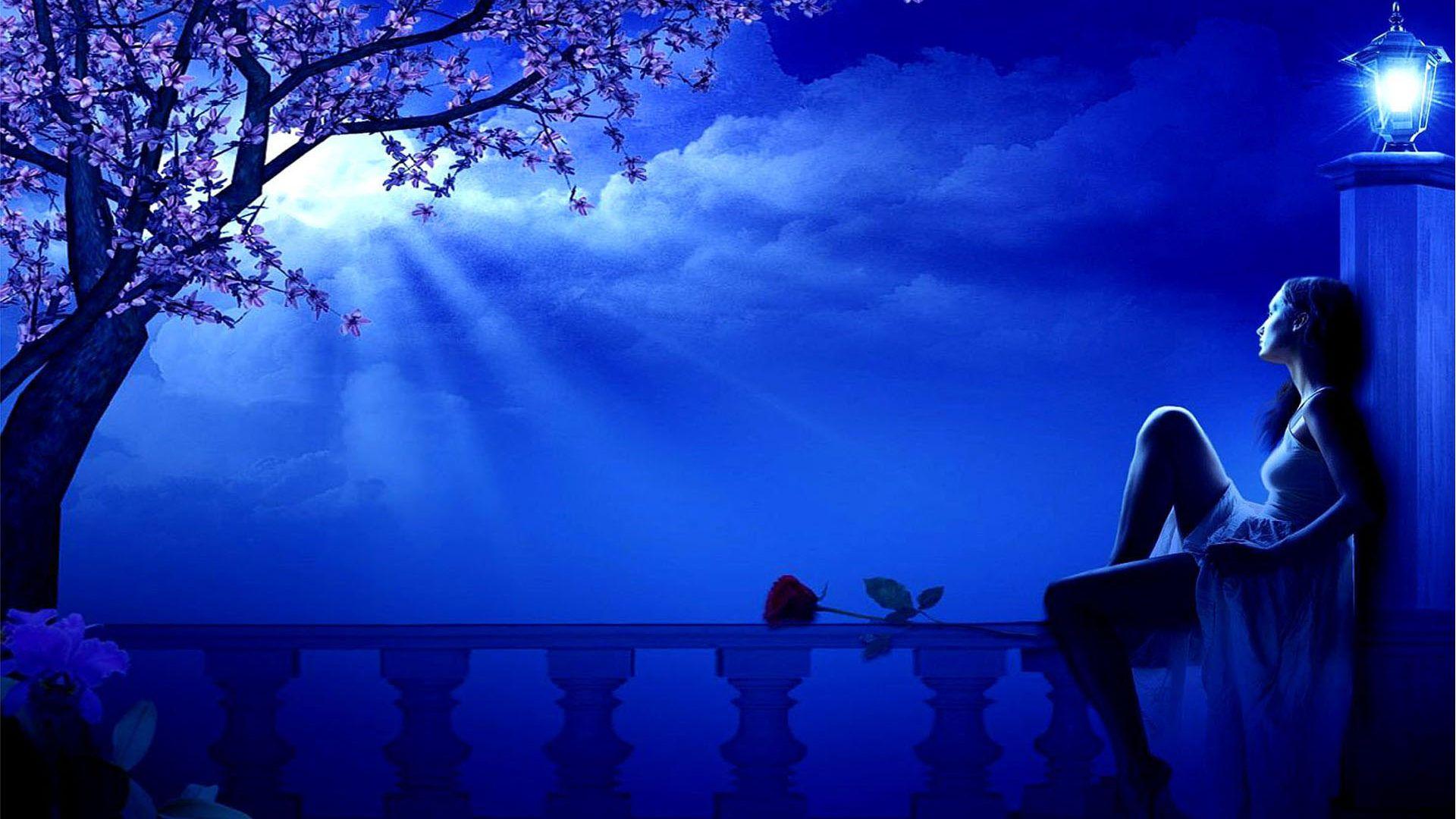 1920x1080 Blue Moon spring night girl dreamer blossoming tree street lamp