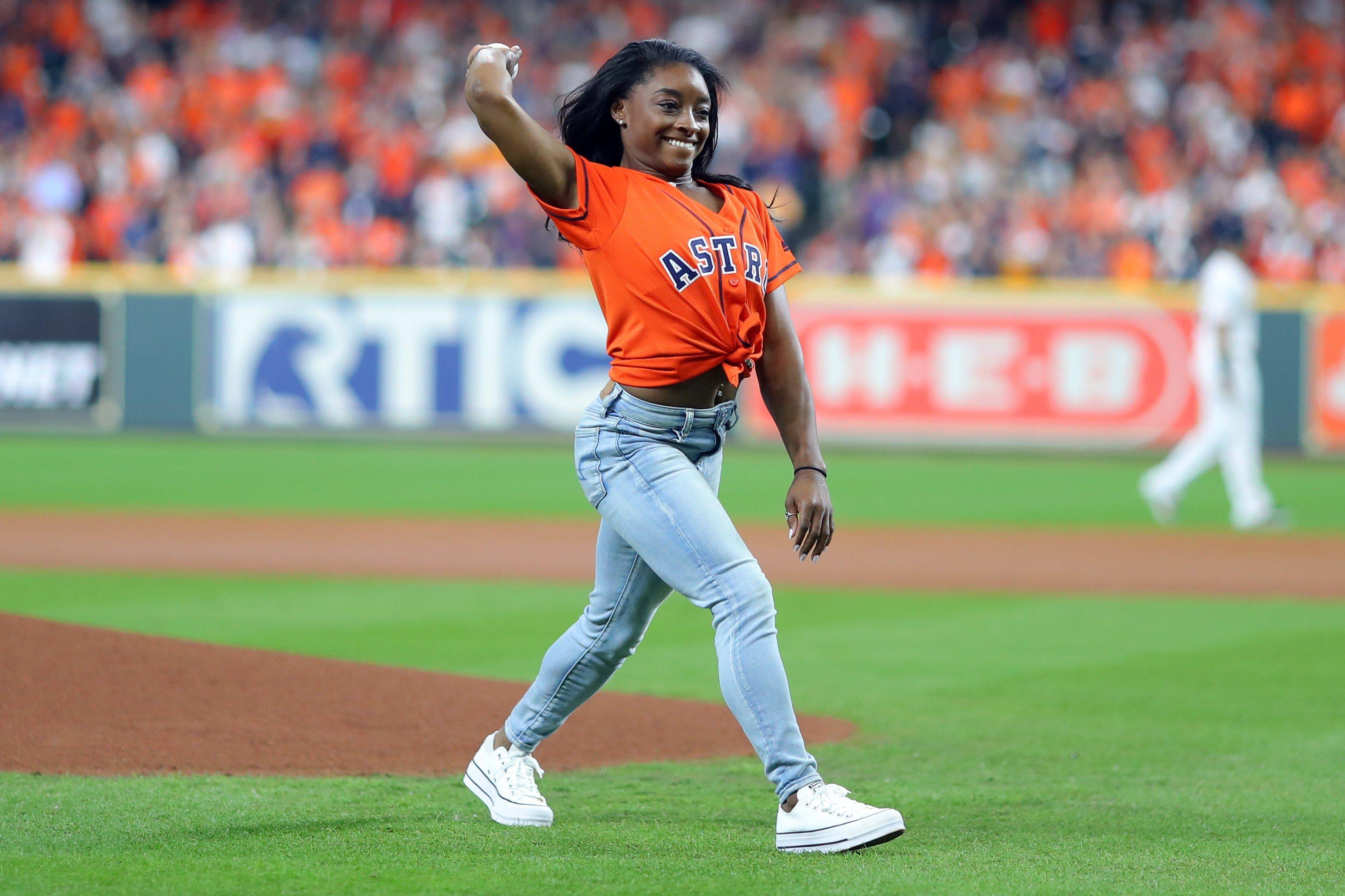 3173x2115 Watch Simone Biles Throw Out the First Pitch for Last Night's