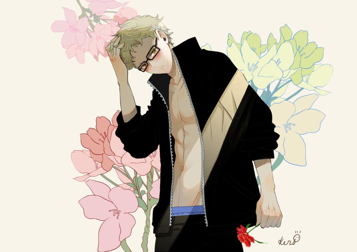 1169x827 blonde hair blush brown eyes flowers glasses haikyuu!! navel open