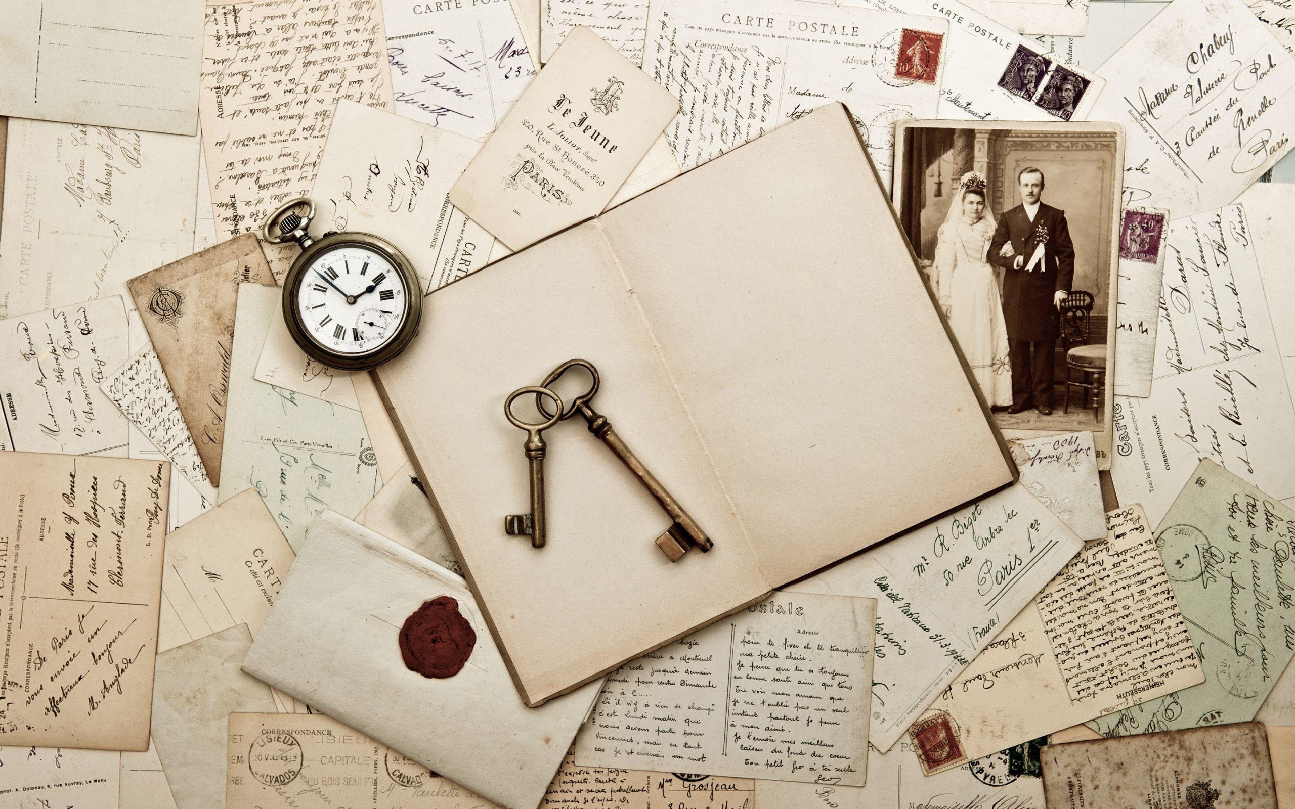 2560x1600 Free download Vintage Post Cards Keys Photo Wedding Letter Watch