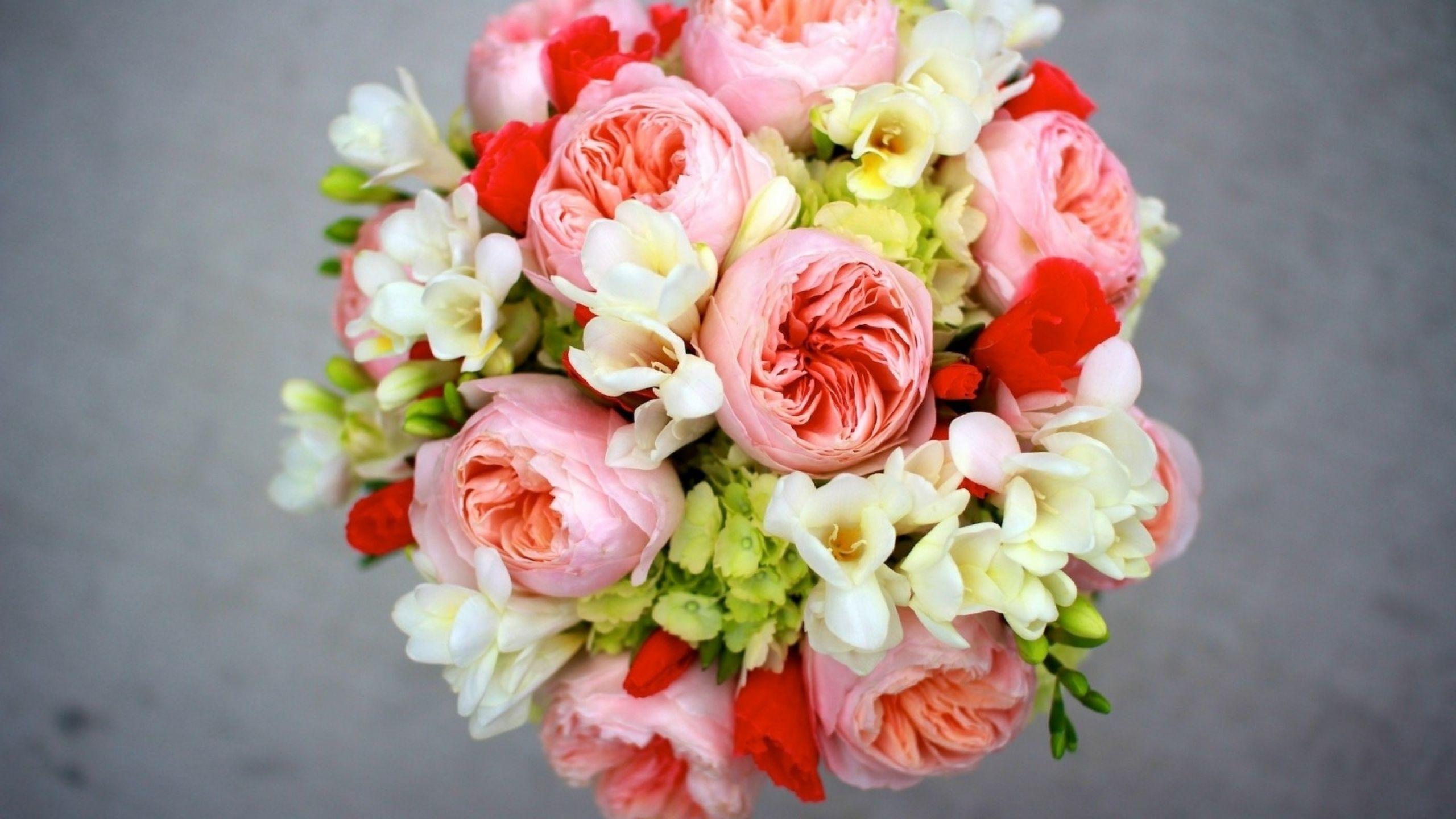 2560x1440 Wallpaper peony, freesia, hydrangea bouquet, arrangement