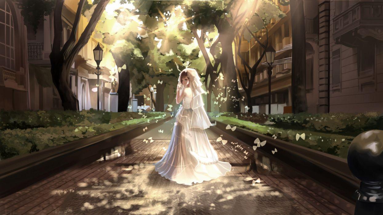 1245x700 Original characters short hair brunette blue eyes wedding dress
