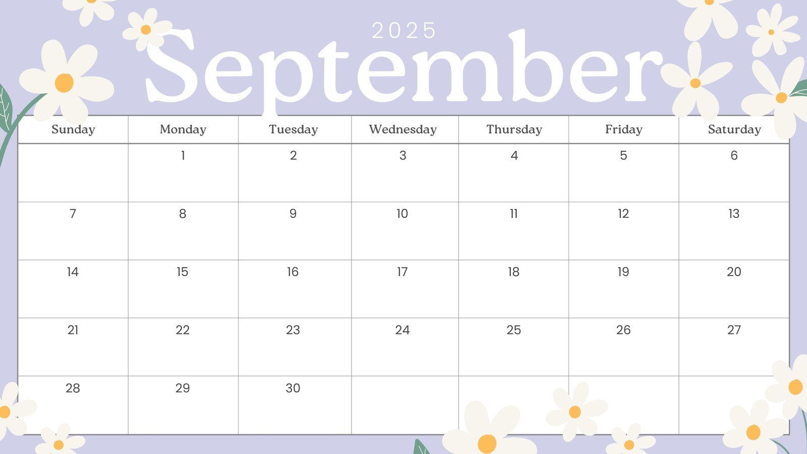 1600x900 Free printable September 2025 calendar templates