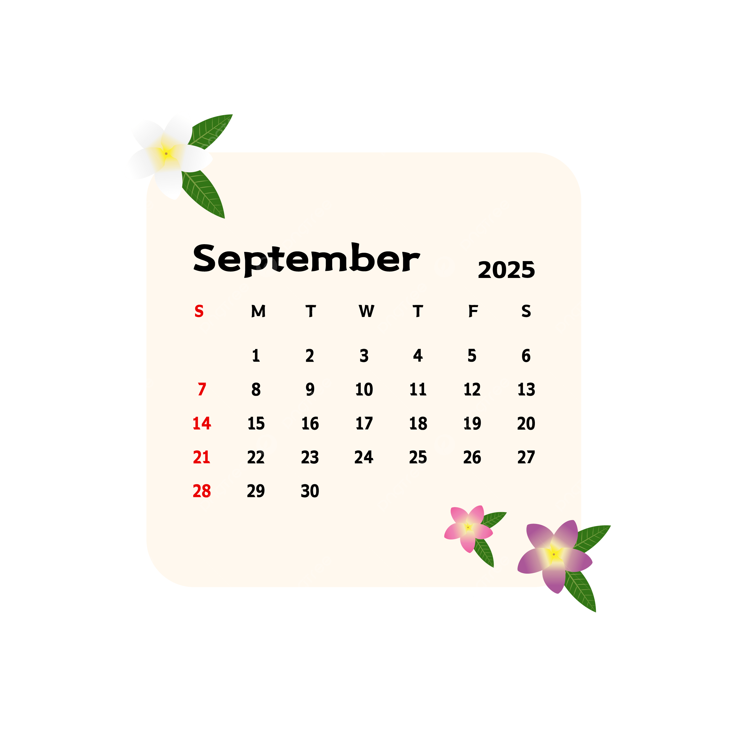 2500x2500 September 2025 Calendar With Cartoon Cambodian Flowers Vector, Calendar Clipart, Cartoon Clipart, September Clipart PNG and Vector with Transparent Background for Free Download