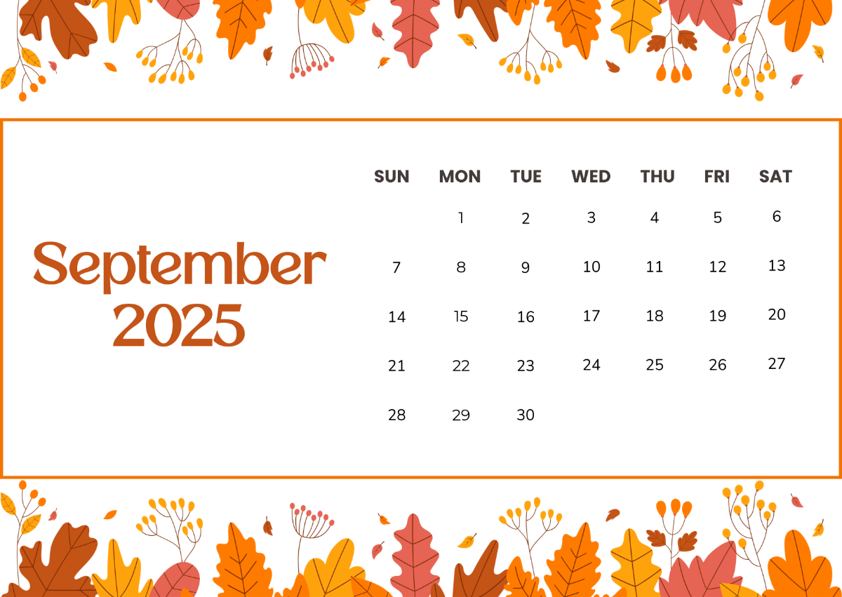 1200x851 Free Autumn Leaves September 2025 Calendar Template to Edit Online