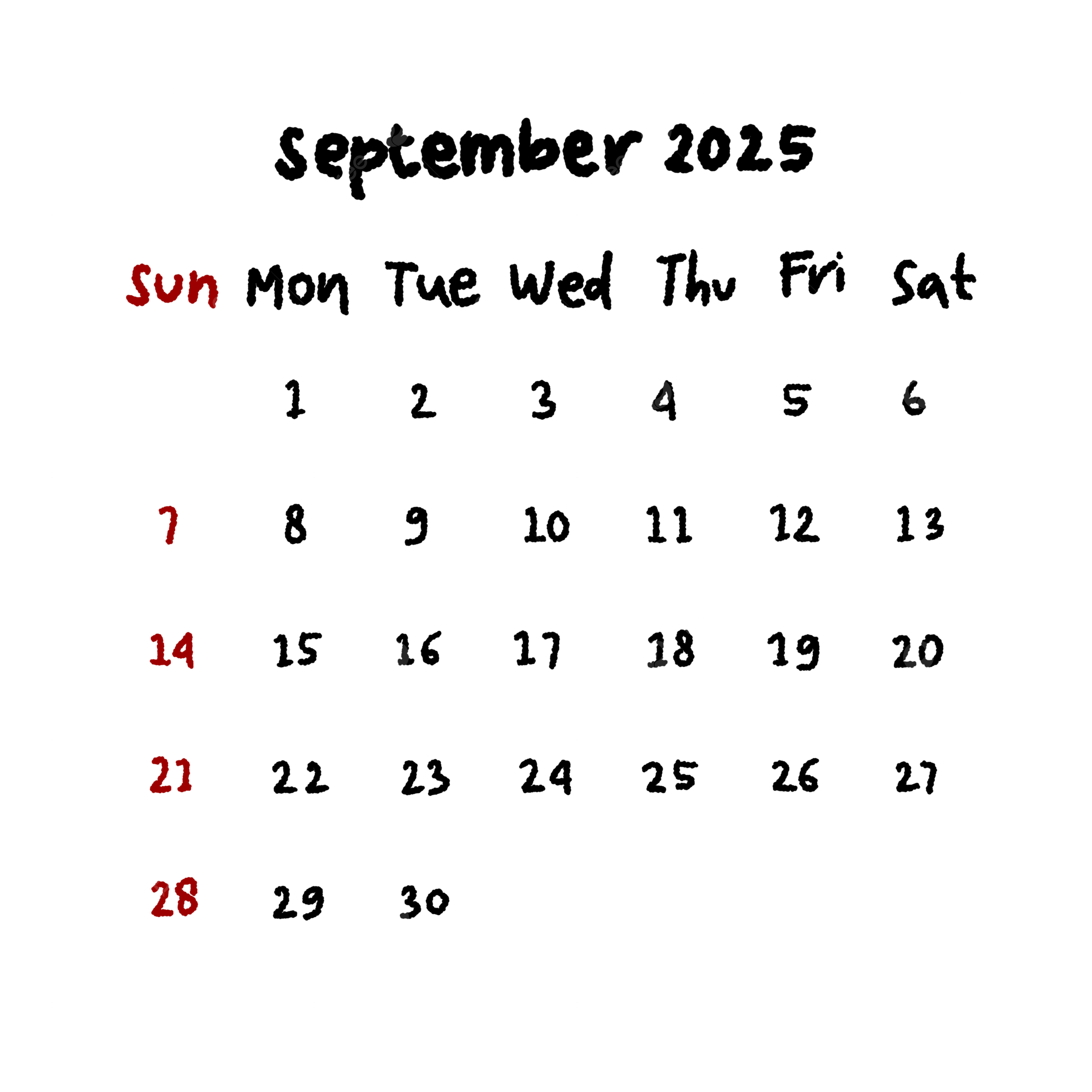 2500x2500 September Calendar Of 2025 Template In Black And Red Color, Calendar, September, 2025 PNG Transparent Clipart Image and PSD File for Free Download
