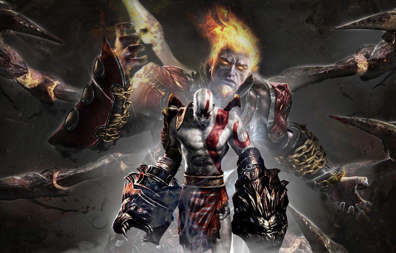 1332x850 Wallpaper fire, flame, sword, armor, Kratos, God of War, lion