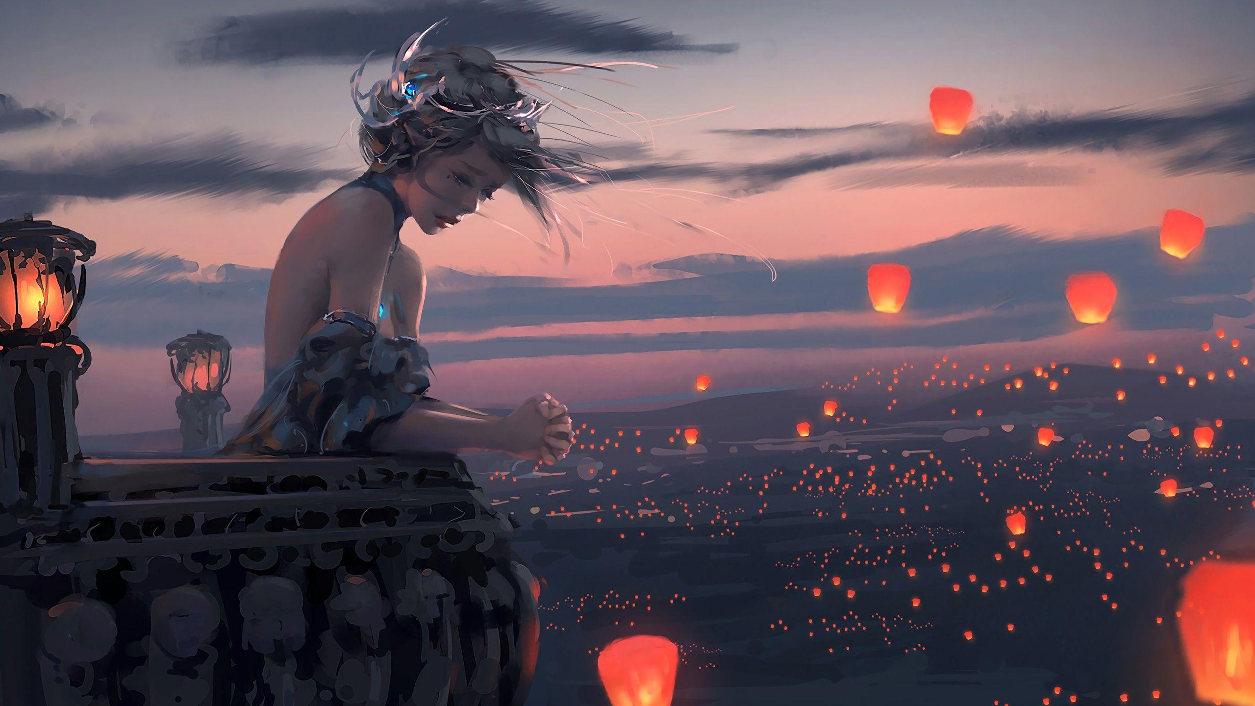 2560x1440 princesses painting sky lanterns wind balconies wlop crowns