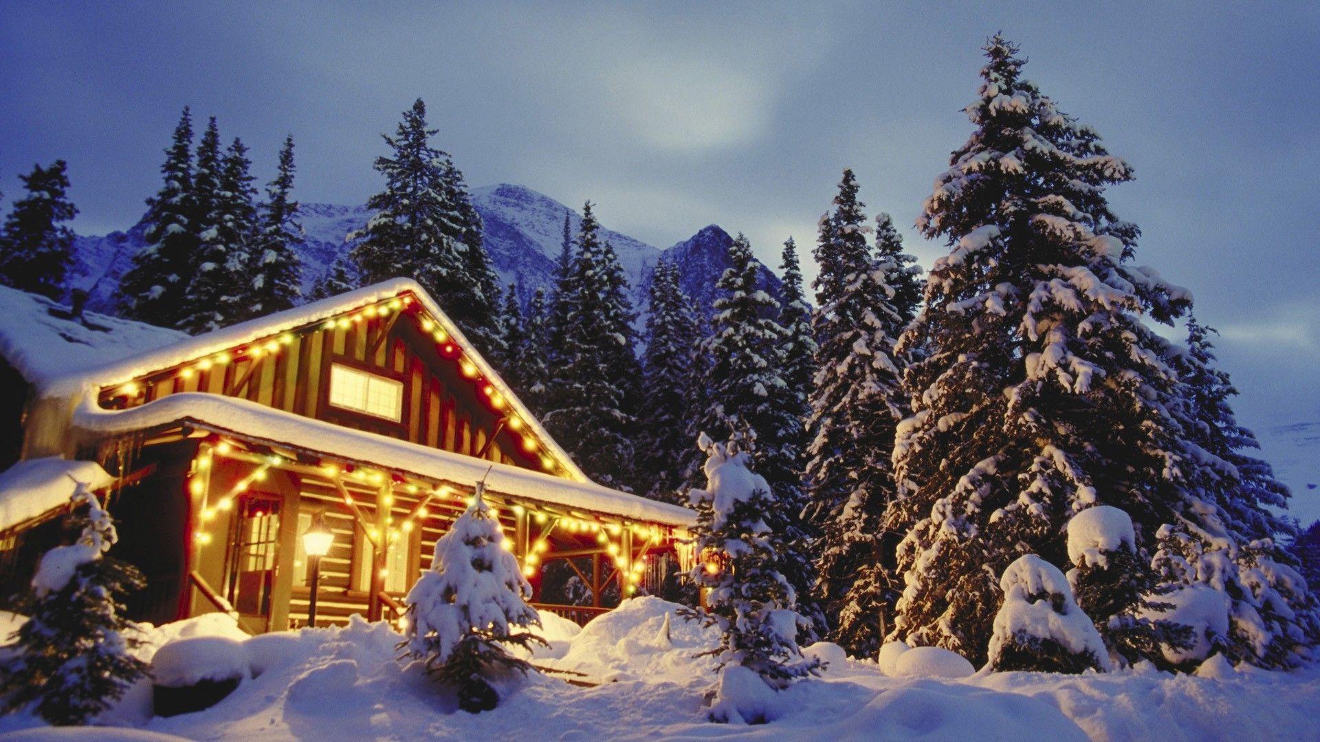 HD wallpaper log cabin painting house cottage pine frost evening  christmas  Wallpaper Flare