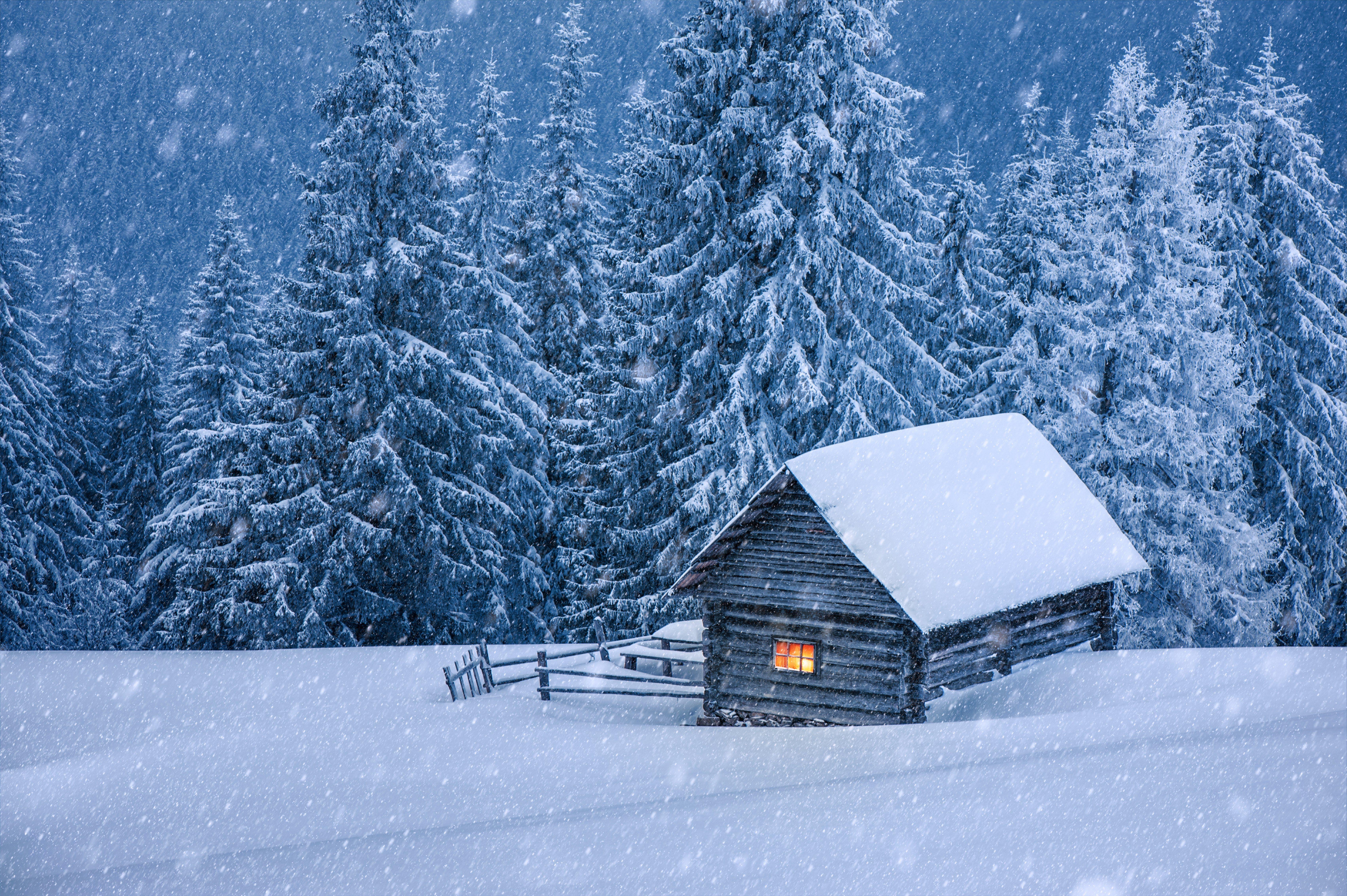 6810x4530 Nature hut forest snow winter trees cabin wallpaperx4530