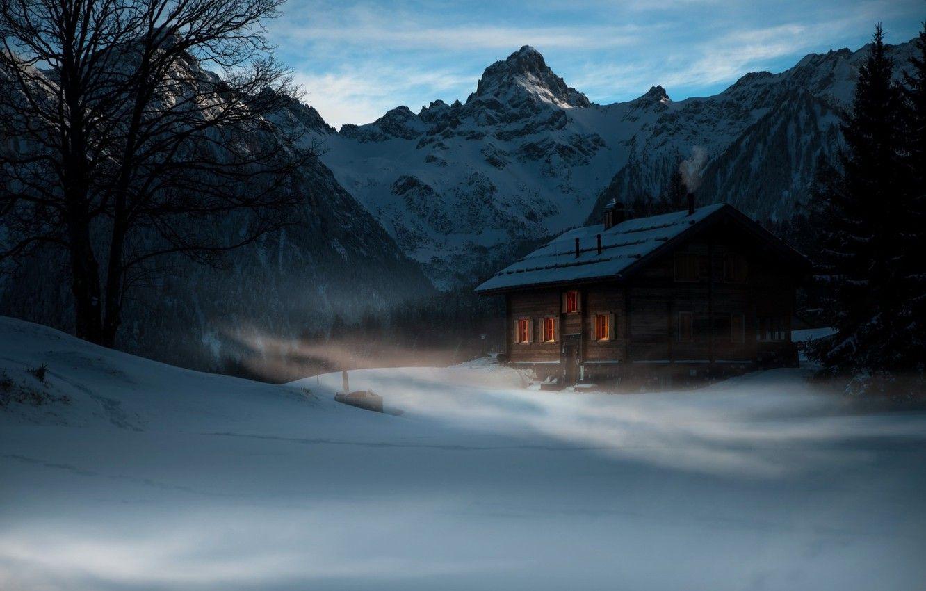 1332x850 Wallpaper house, twilight, Winter, trees, landscape, nature
