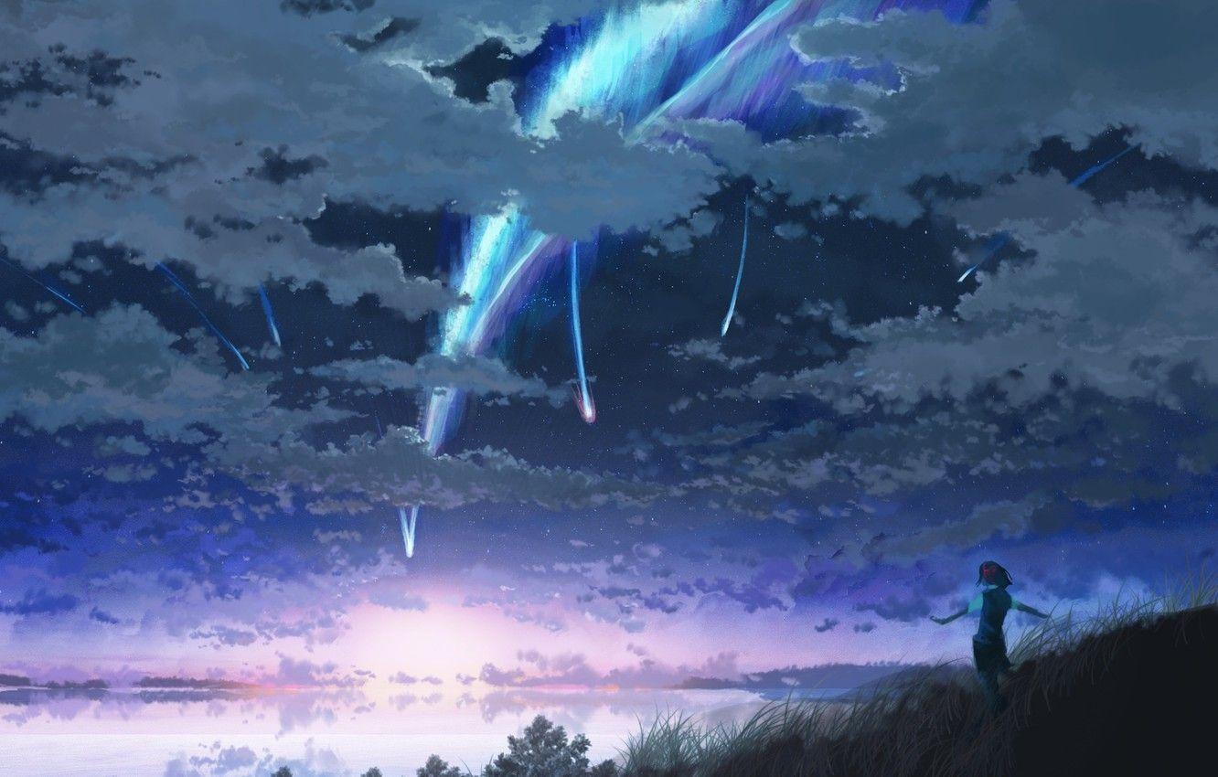 1332x850 Wallpaper the sky, girl, clouds, sunset, night, lake, anime, art