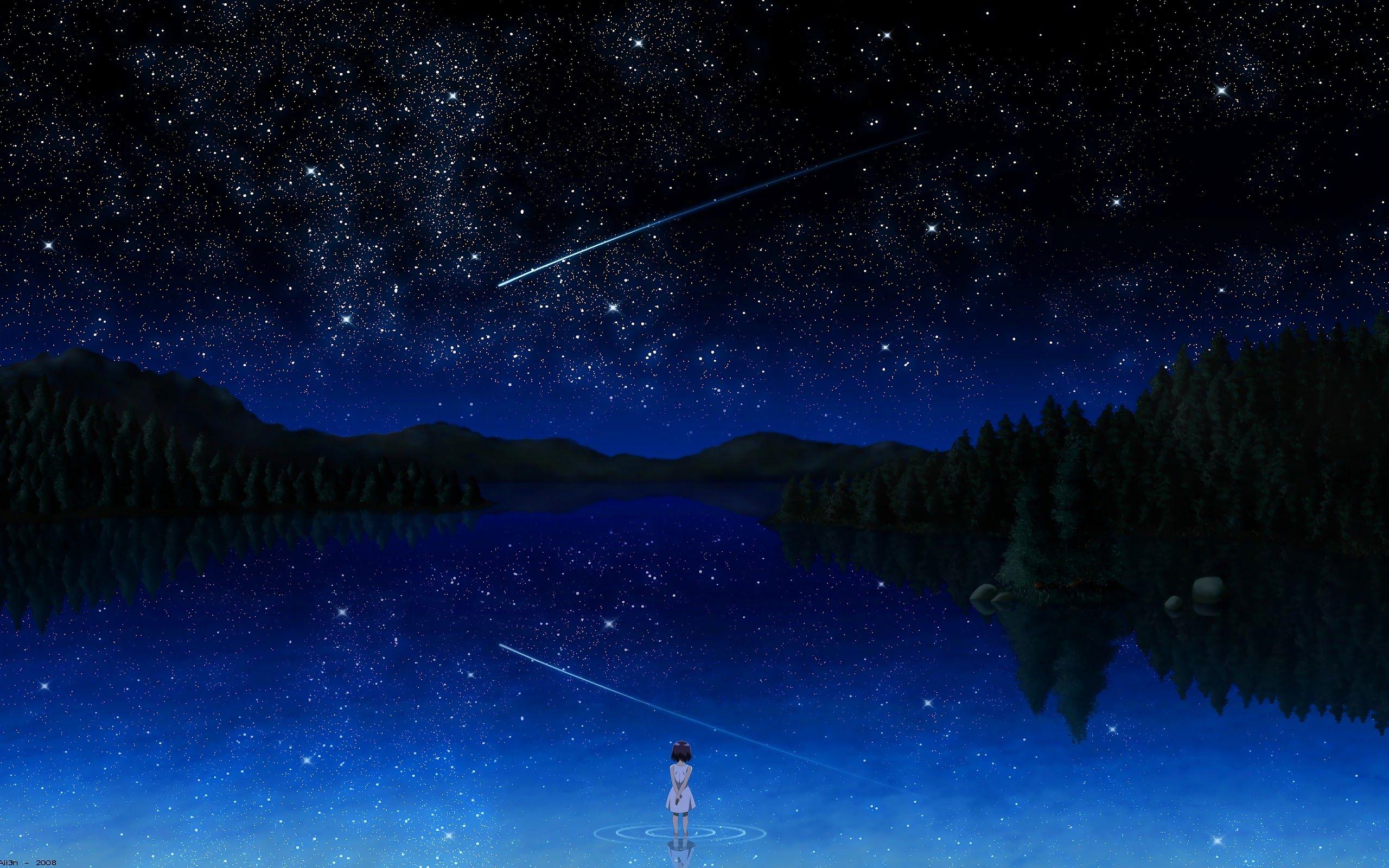 2560x1600 Anime Night Sky Stars Lake Landscape Scenery 4K Wallpaper