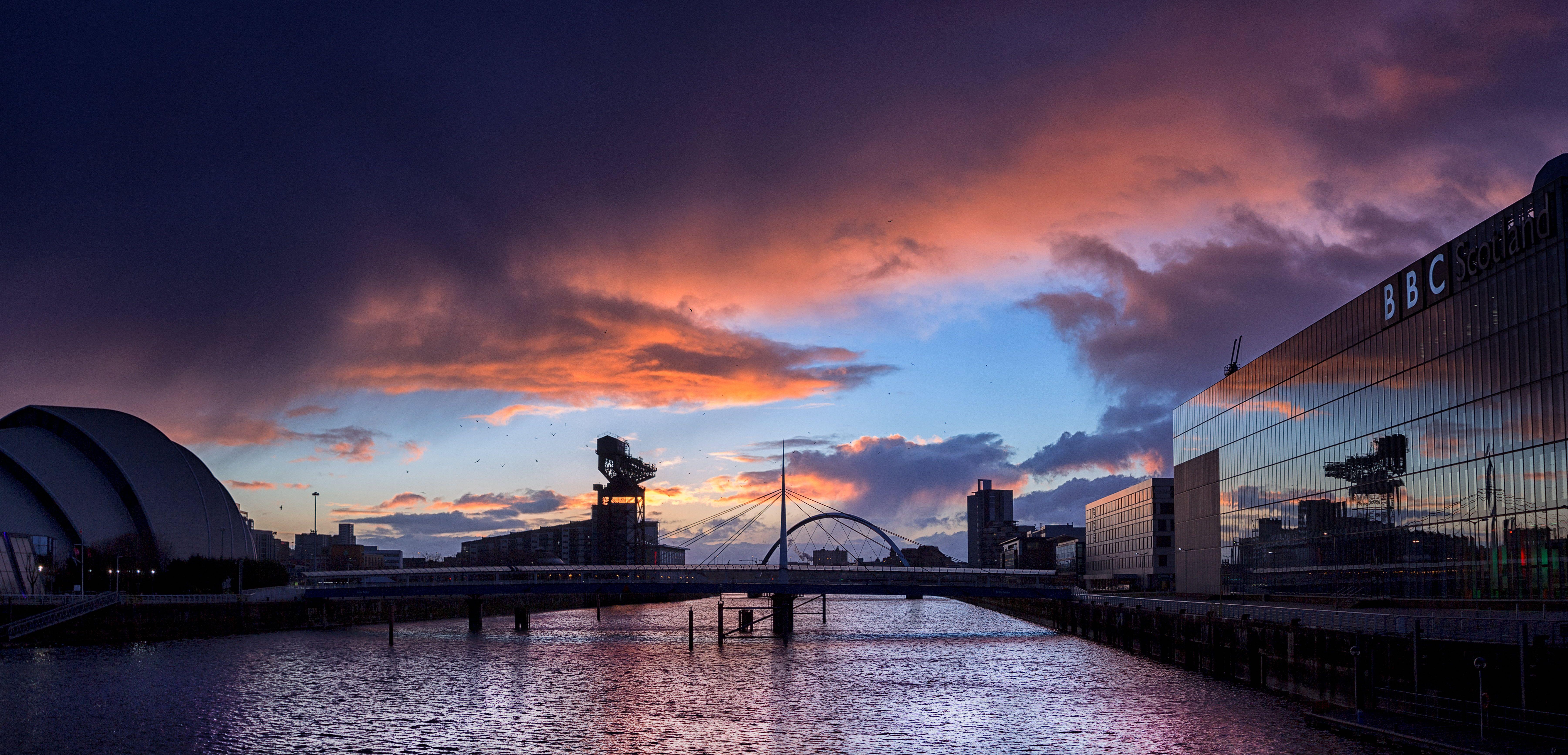 7201x3469 Landscape photo of buildings during sunset, glasgow HD wallpaper