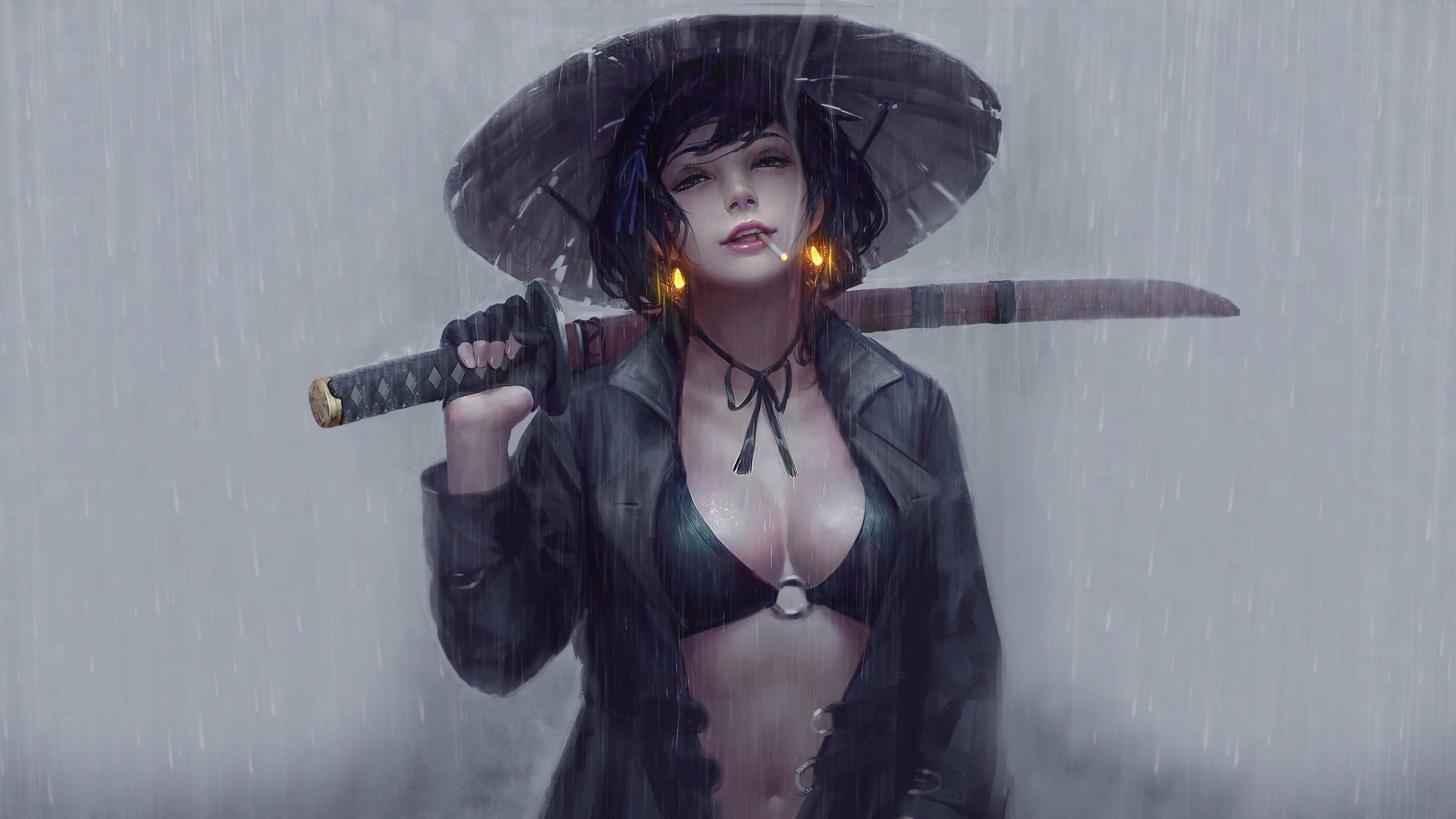 3840x2160 Samurai Girl Katana Smoking 4K 3840x2160 Wallpaper