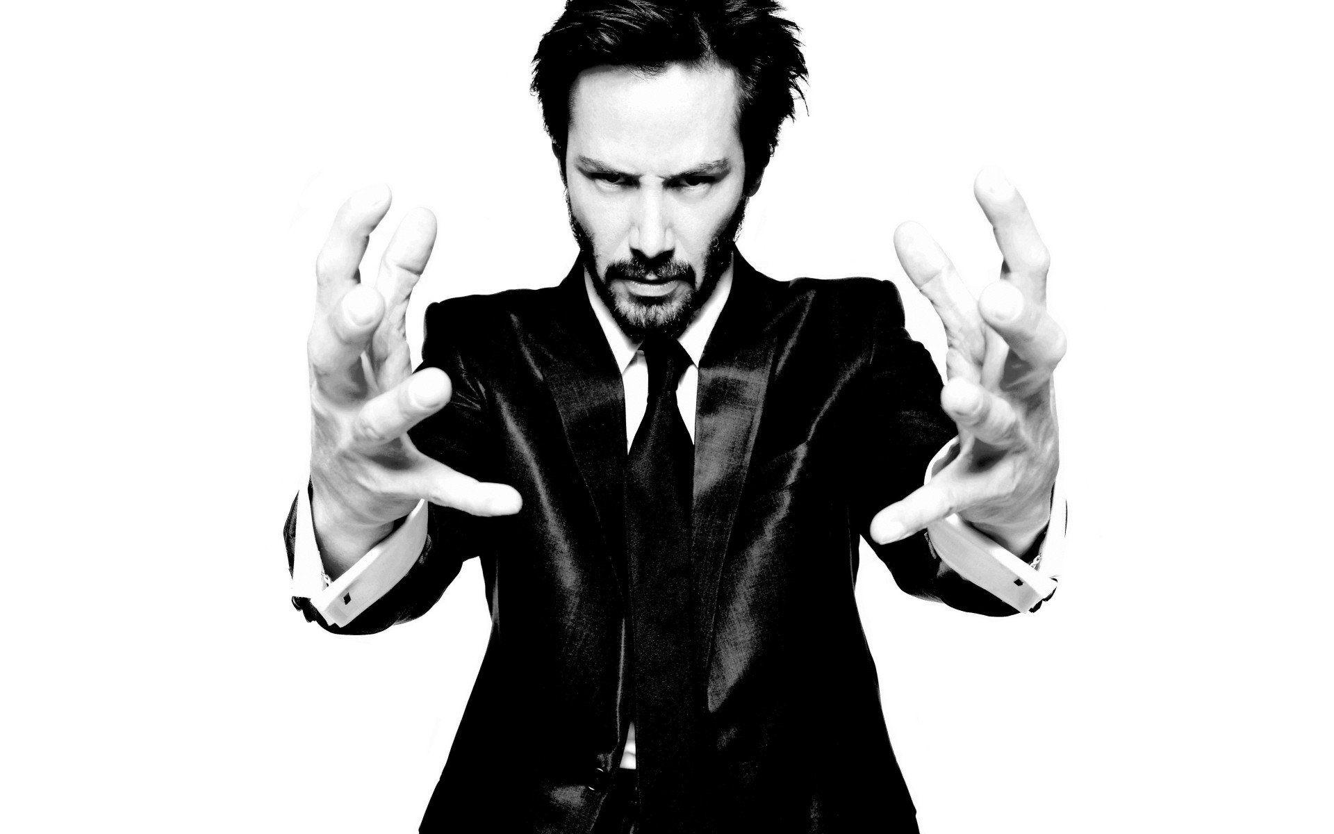 1920x1200 Black and white suit hands men celebrity Keanu Reeves beard actors