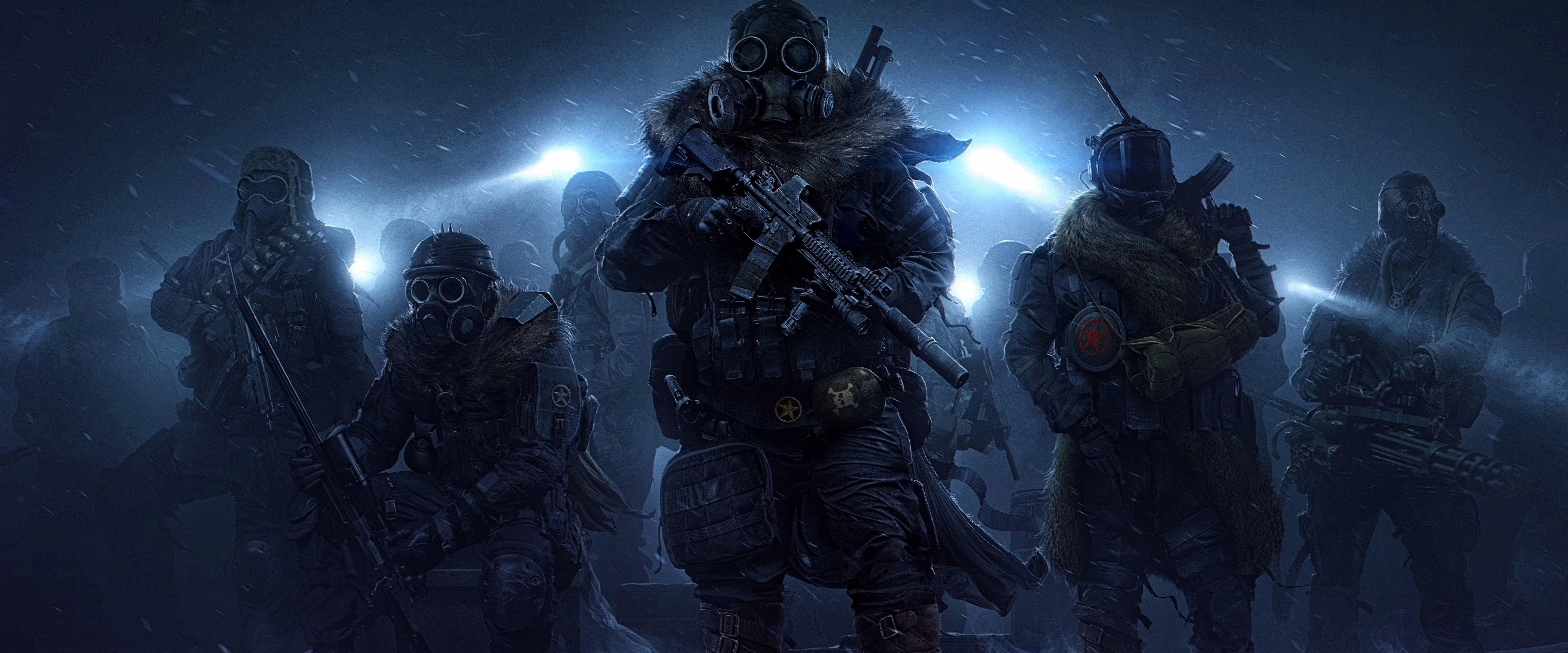 7680x3200 Wasteland 3 Post Apocalyptic Soldiers Gas Mask 8K Wallpaper