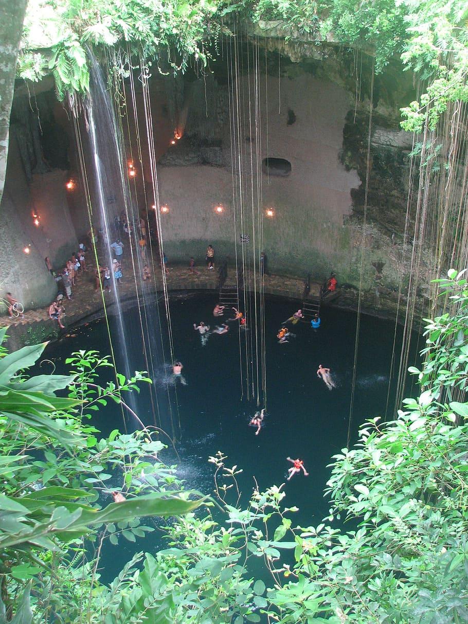 910x1213 HD wallpaper: people swimming on body of water near cliff, cenote, cave, yucatan