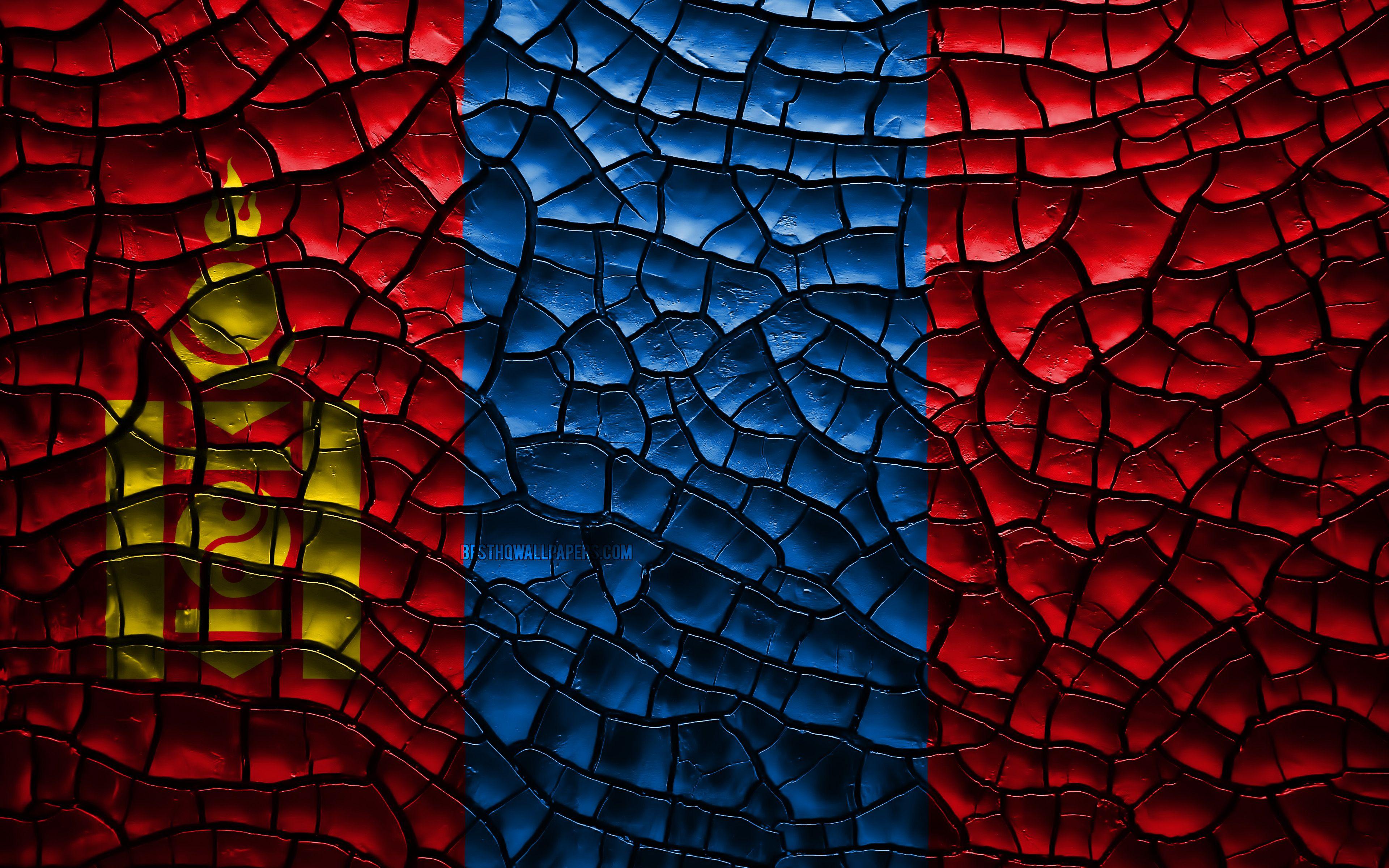3840x2400 Download wallpaper Flag of Mongolia, 4k, cracked soil, Asia