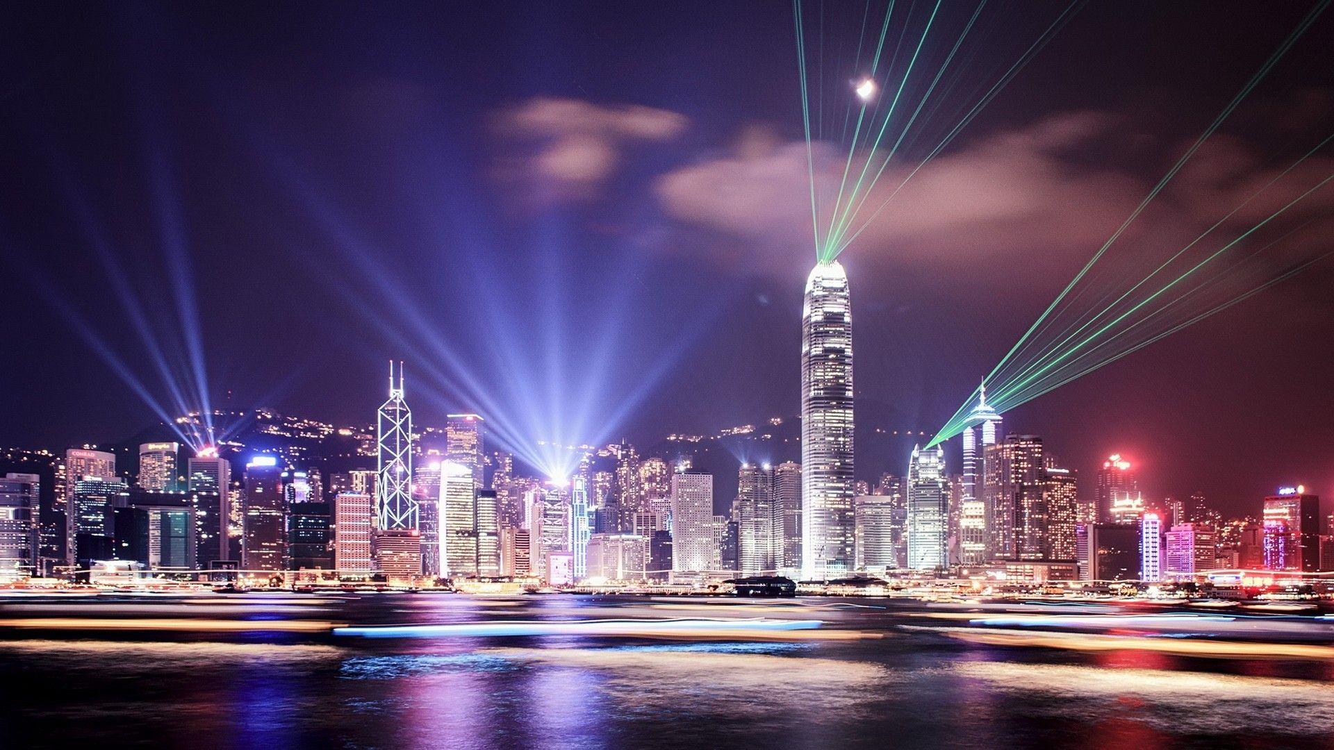 1920x1080 Lights hong kong city skyline citynight light beams wallpaper