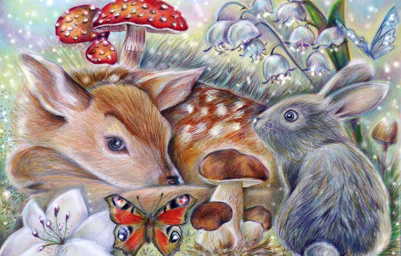 1332x850 Wallpaper butterfly, mushroom, rabbit, art, Bambi, thumper