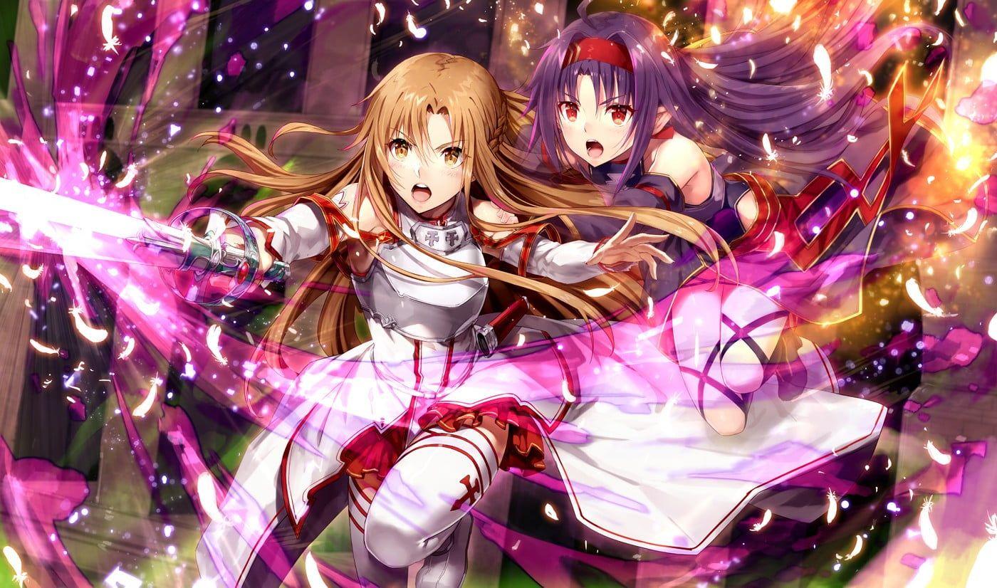 1400x826 Sword Art Online Yuuki Asuna and Yuuki Konno wallpaper, Sword Art Online, Konno Yuuki, Yuuki Asuna, purple hair HD wallpaper