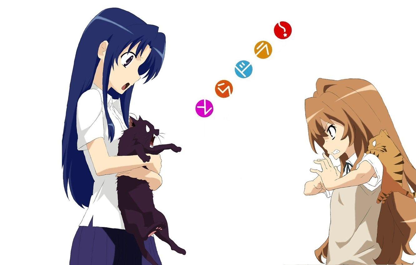 1332x850 Wallpaper anger, white background, red, Schoolgirls, black cat