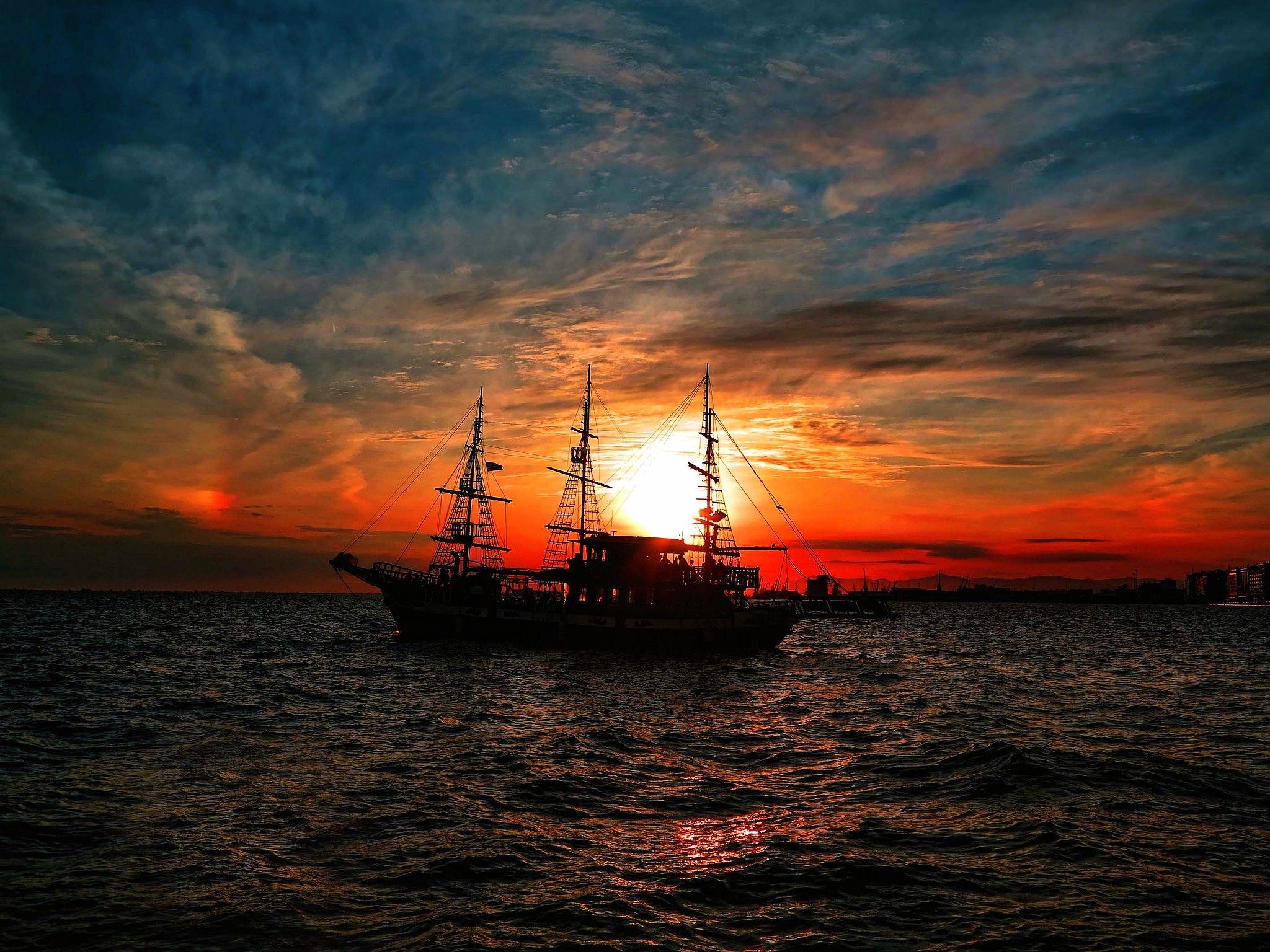 2048x1536 sea, Sailing ship, Sunset, Clouds, Silhouette, Greece