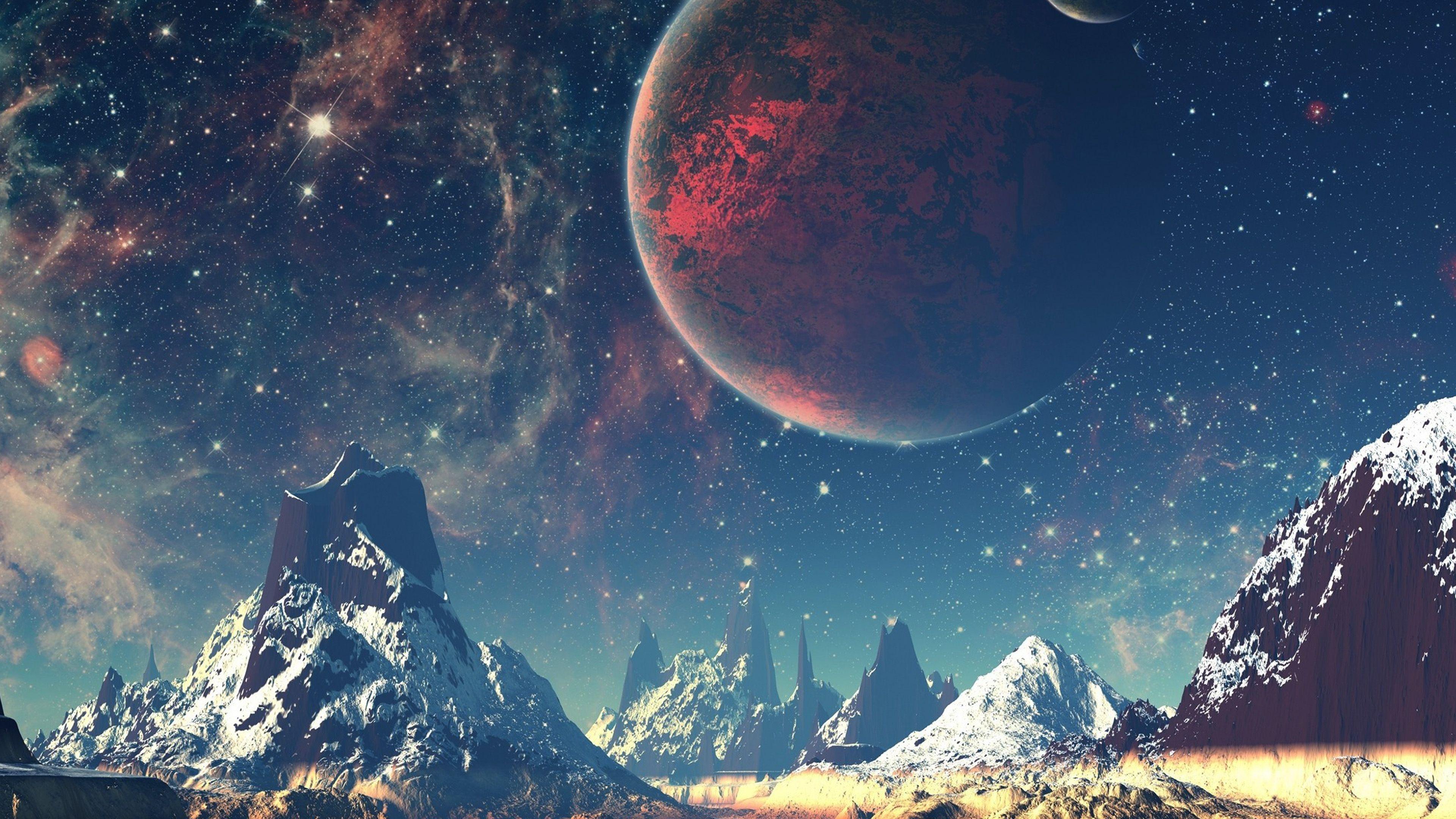 3840x2160 Dream Space World Mountain Sky Star Illustration Wallpaper