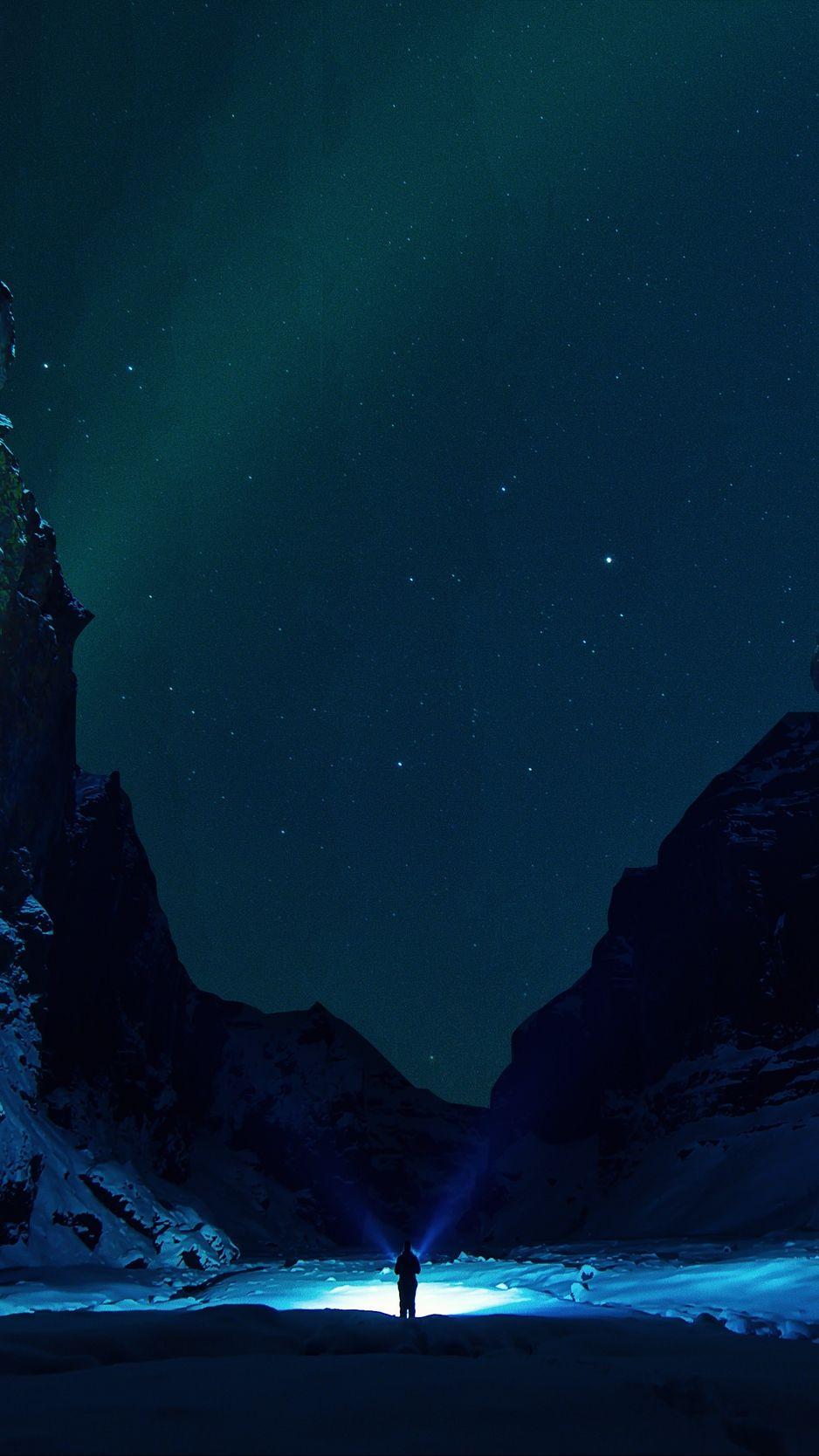 938x1668 Download wallpaper 938x1668 mountains, starry sky, snow, ice floes