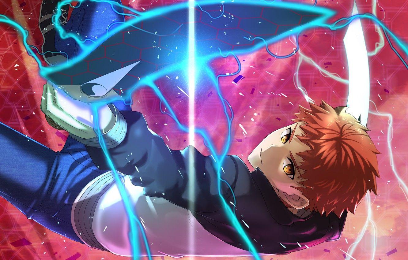 1332x850 Wallpaper look, energy, anime, art, guy, swords, Emiya Shirou